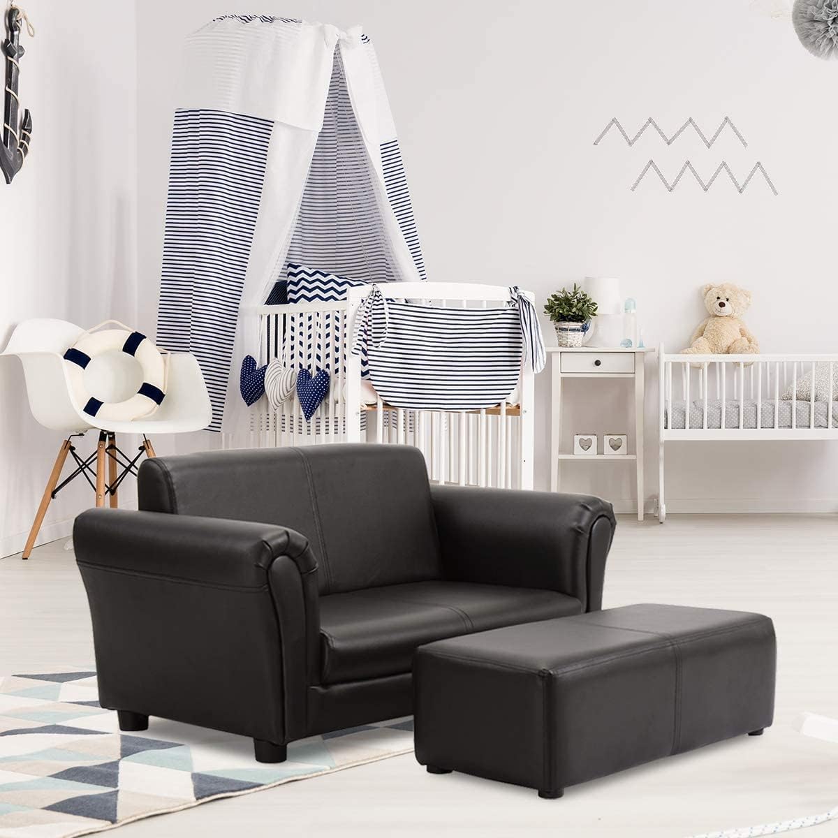 BABY JOY Kids Sofa Set with Footstool, 2 Seat Children Couch w/Solid