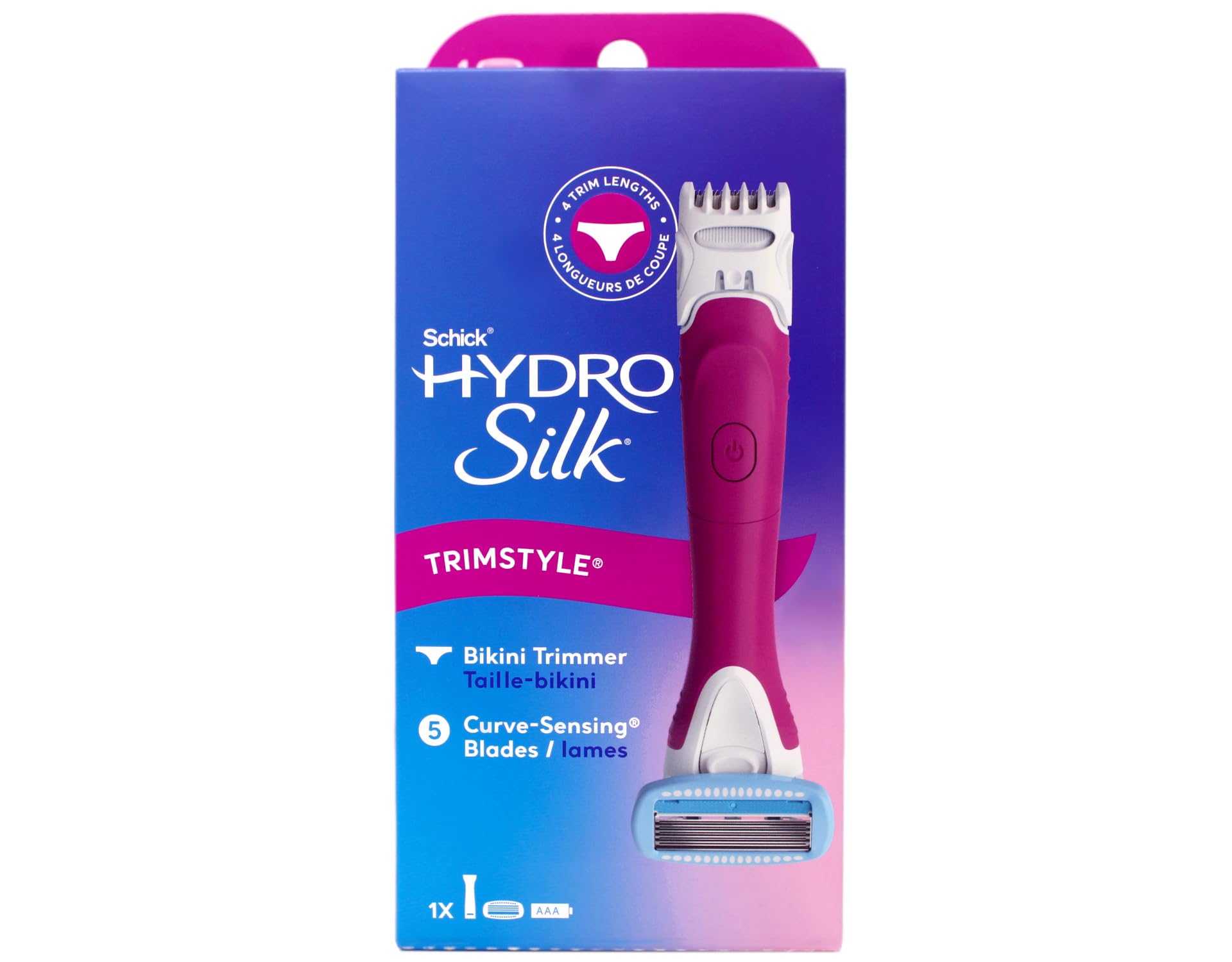 Schick Hydro Silk TrimStyle Razor with Bikini Trimmer for Women | 2-in-1 Bikini Razor for Women and Womens Trimmer for Pubic Hair, Includes 1 Waterproof Handle, 1 Refill & 1 AAA Battery