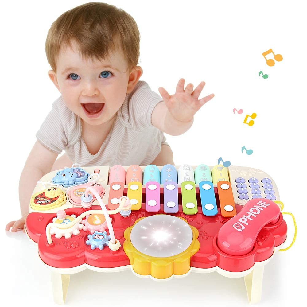 Juguetes musicales para bebés, instrumento musical de desarrollo para bebés de 18 meses, con música e iluminación, juguete de piano de batería de aprendizaje rojo para niños pequeños 3