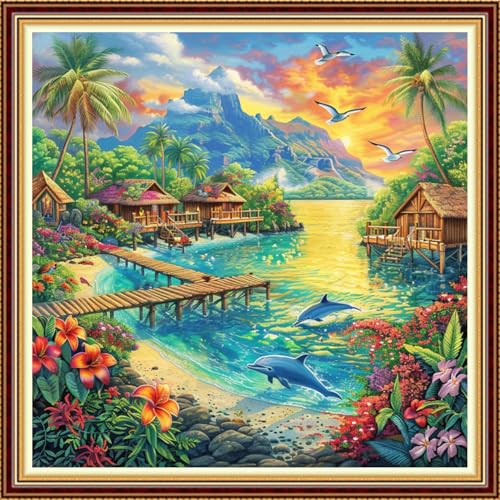 Image of Fanxvivy Stamped Counted Cross Stitch Kits for Adults Printed Cross-Stitch Patterns 11CT Stamped or Counted Cross Stitching Embroidery Kit Needlepoint Kits-Resort Scenery 18x18 inch