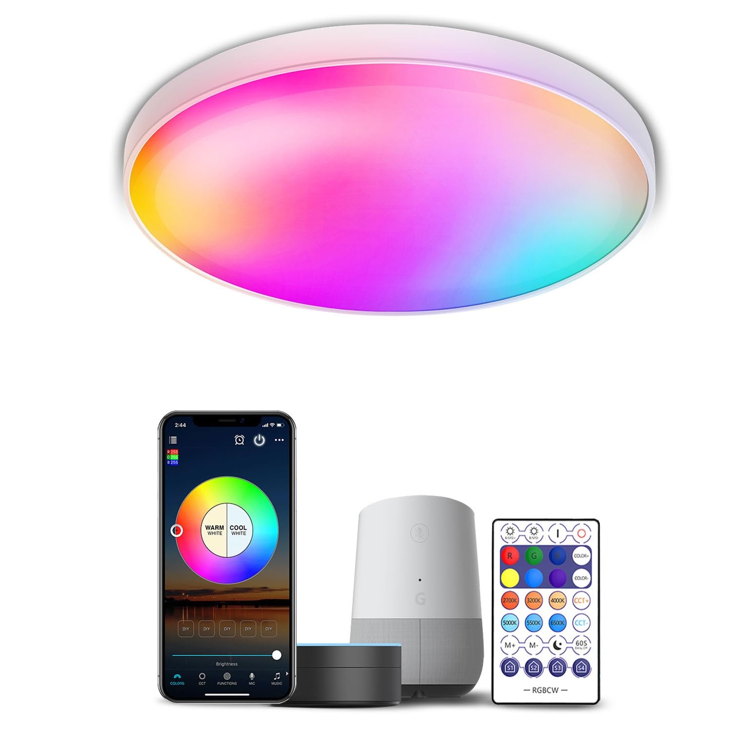 JESLED Intelligent Ceiling Lighting, WiFi Colour Changing Ceiling Light, 30 W 2400 lm, Dimmable Smart Ceiling Light Compatible with Alexa Google Home Music RGB Bedroom Living Room