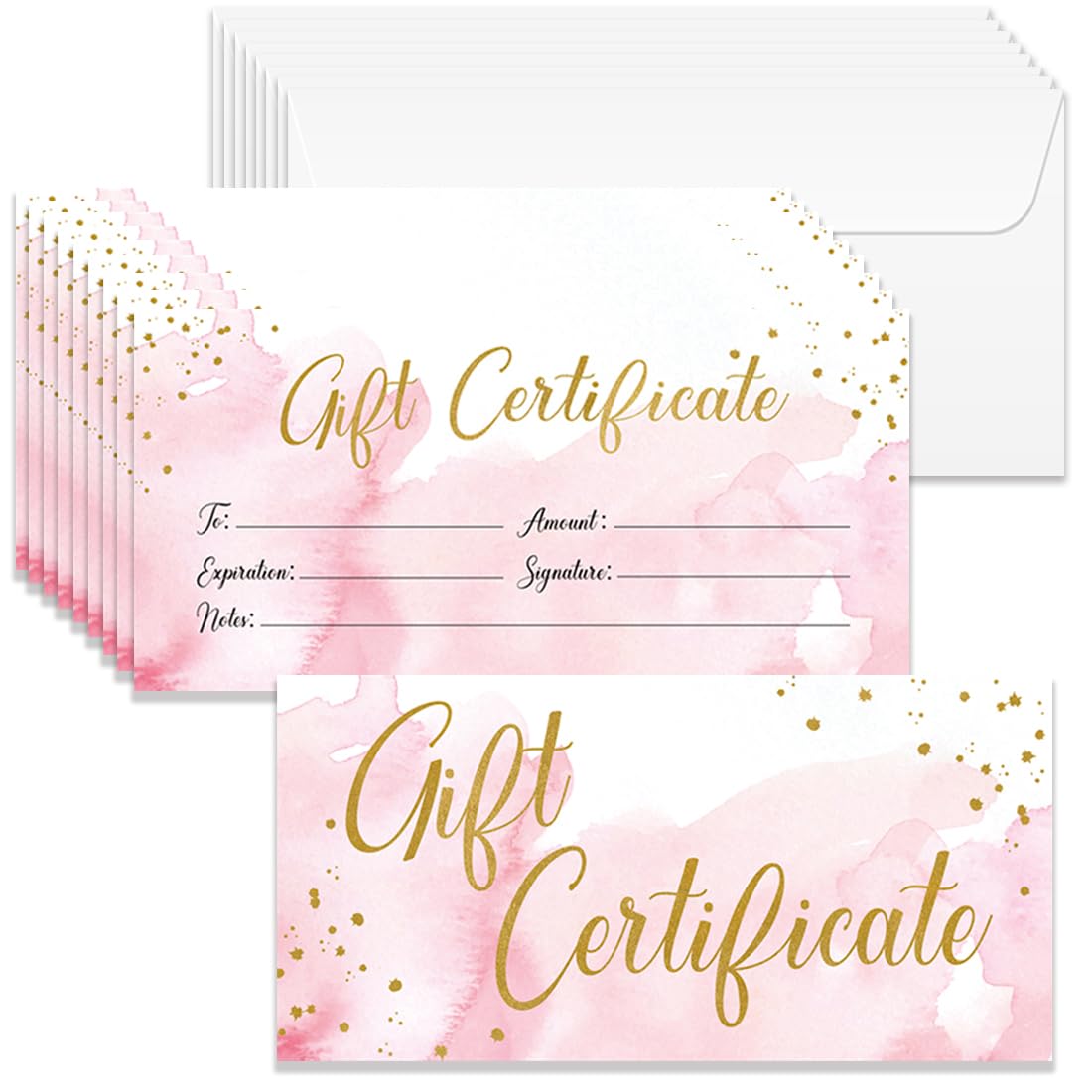 DOODLREAM 40 Sets Gift Certificate for Business, Blank Gift Cards Certificates with Envelopes, 6.6x3.3 Inch Pink Watercolor Cards Vouchers For Holiday