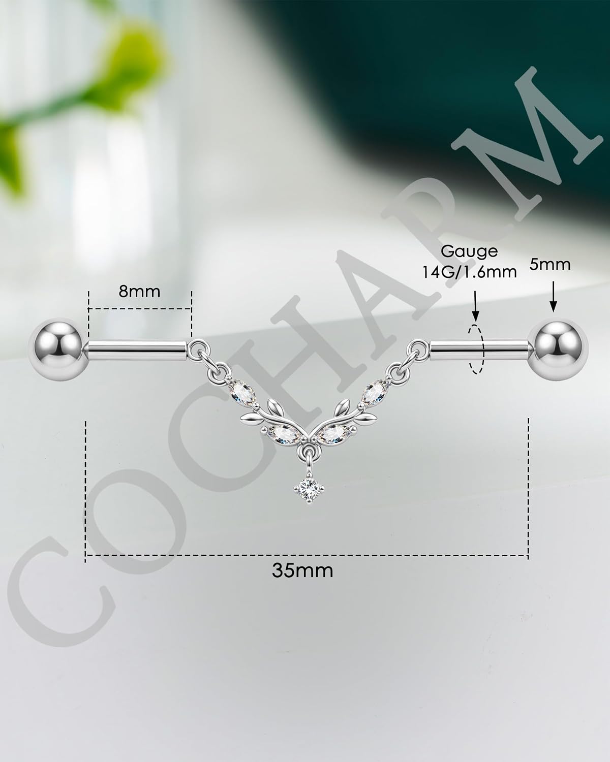 COCHARM 14g Leaf Chain Industrial Piercing Jewelry, 38mm Branch Drop Industrial Earring Cute Surgical Steel Industrial Barbell for Women