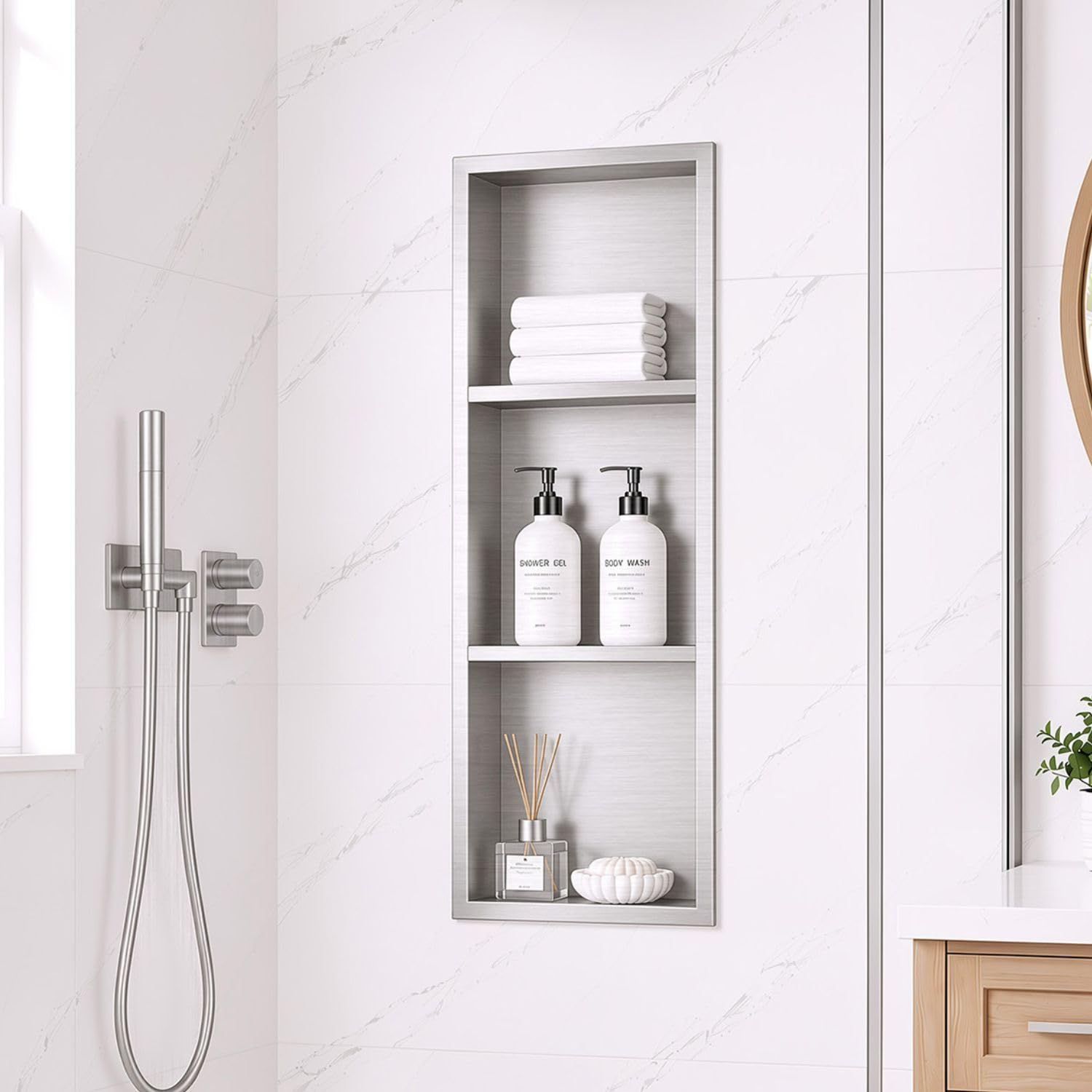 36 x 12 Inch Stainless Steel Shower Niche, 3-Tier Brushed Nickel