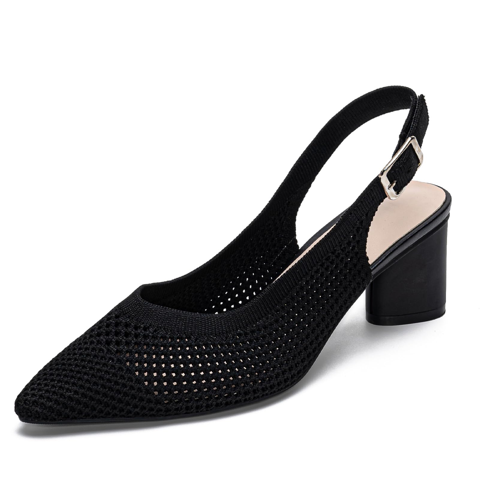 youngshow Womens Adjustable Slingback Heels, Pointed Toe Mid-Low Heel, Cute Knitted Slip On Work Pumps Dress Shoes