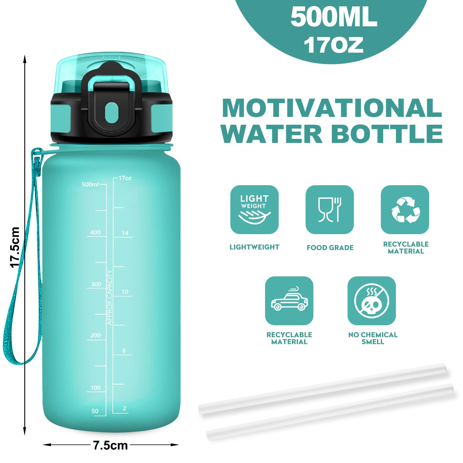 Cantimplora 500ml, Sin BPA con Marcador de Tiempo, Botella con Pajita, Botella de Agua para Running, Cámping, Oficina, Bicicleta, Fitness — view 6
