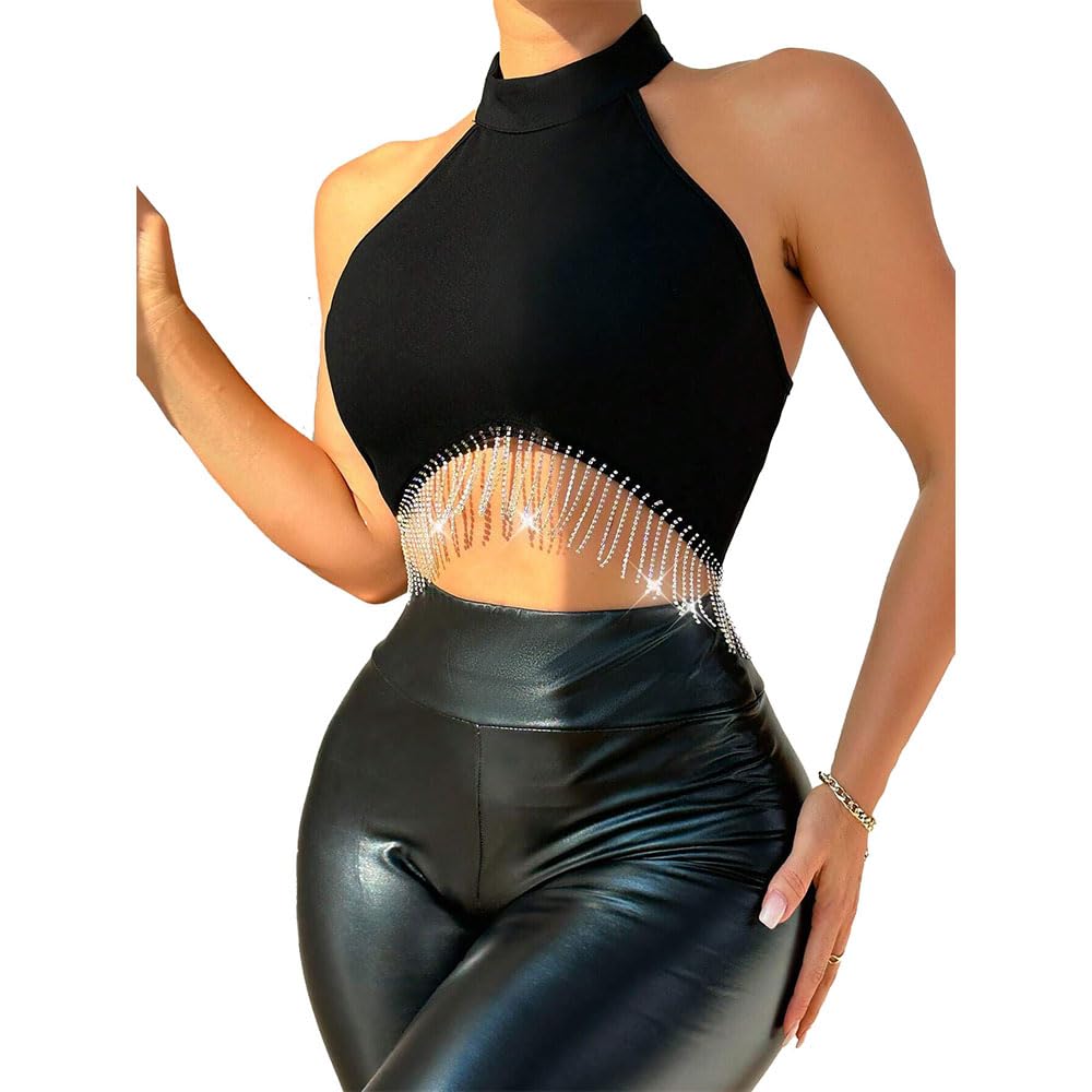 tivante Solid Women Halter Neck Sleeveless Latest Stylish Western Ribbed Tank Crop Tops with Rhinestone Fringe-picture-12