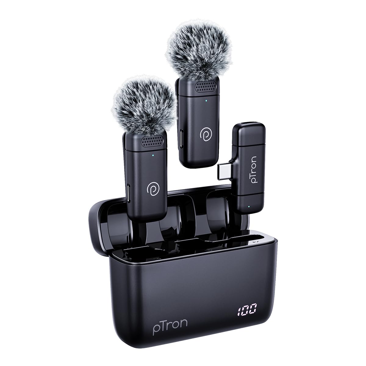 ptron kwm-2 type c wireless microphone with charging case w/noise cancellation, 48hrs battery, 20m wireless range, collar mic for dslr/iphone/android, vlog, streaming/zoom meeting (black)