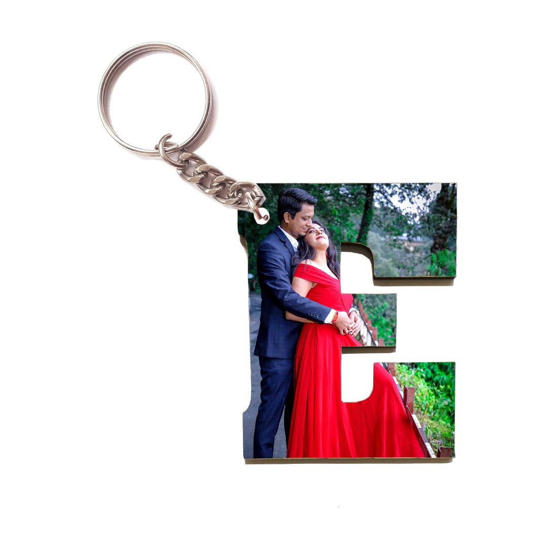 UNIQUE GIFTS E Alphabet | Two Side Photo Printed | Wooden Keychain (Multi Colour)