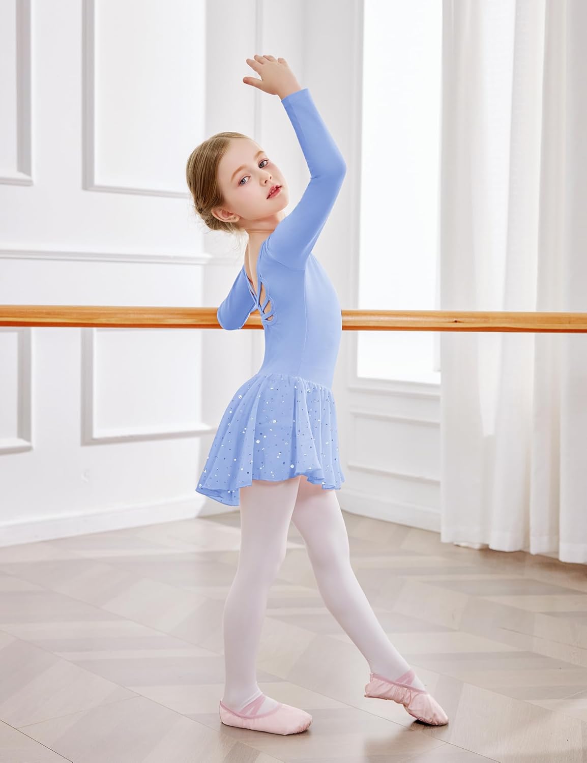 Zaclotre Girls Ballet Leotards with Shinny Skirts Long Sleeve Crisscross Back Dance Dress Outfits - Image 5