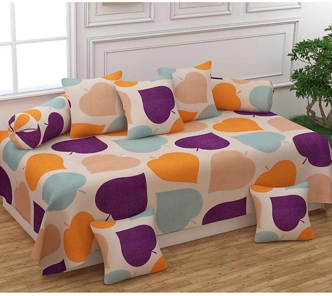 Festival Home Furnishings Cotton Fabric 5D Diwan Covers Set of 1Bedsheet 2Bolster Covers 5 Cushion Covers (Leaves)-picture-30