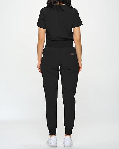 Miniatura 4 de Conjunto de ropa quirúrgica elástica para mujer, estilo jogger, en tallas regulares y pequeñas, con parte superior metida por dentro