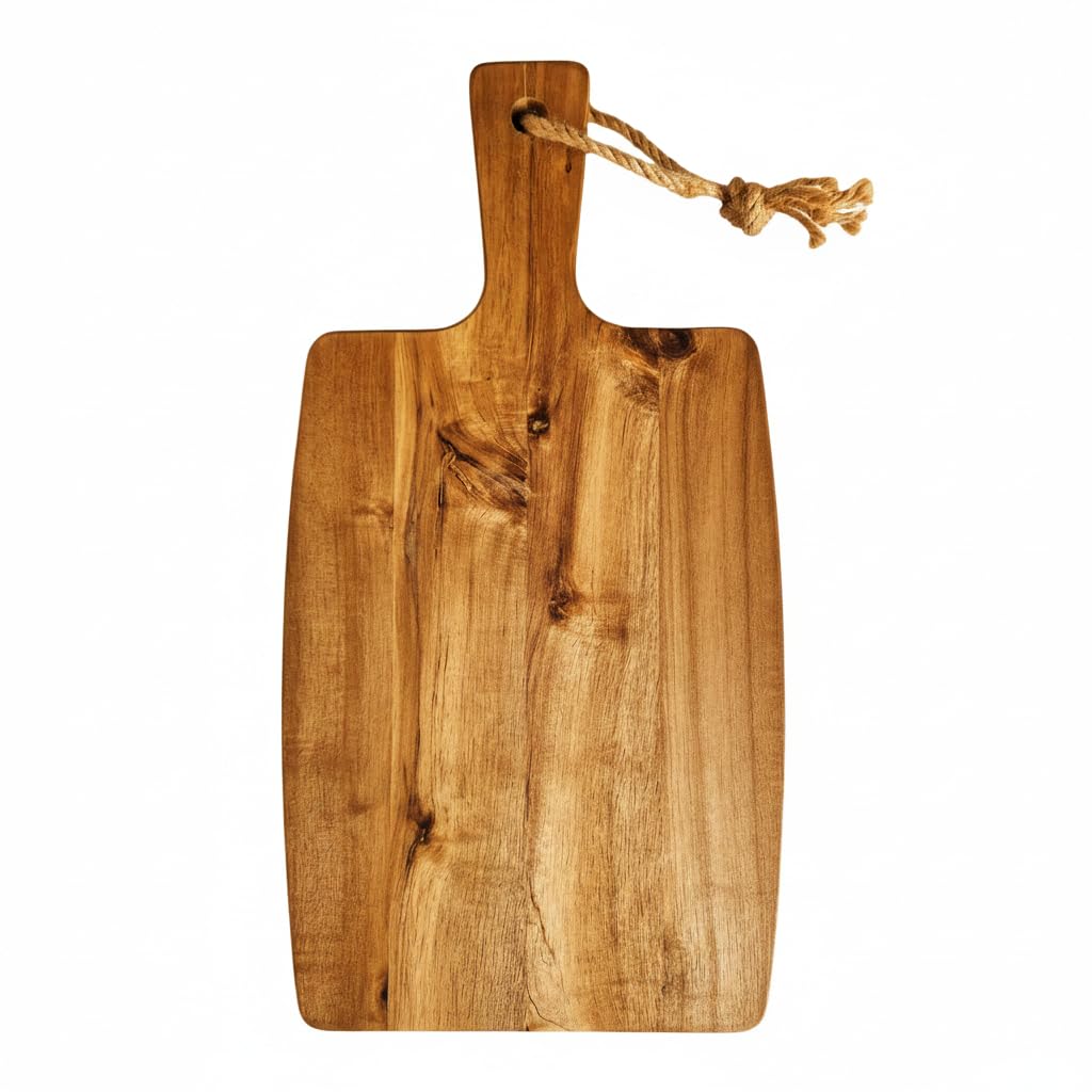 Tabla de Cortar para cocina de Madera Acacia Natural Hecha a Mano con Mango Ergonómico - Duradera y Resistente al Desgaste - Ideal para Carne, Verduras, Pan y Charcutería - Elegante.38x20