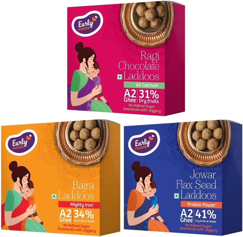Early Foods - Pack of 3 Laddoos for Kids | Ragi Choco, Jowar & Bajra Laddoo | Sugar Free Laddu | Sweetened with Dates | A2 Ghee Laddoos