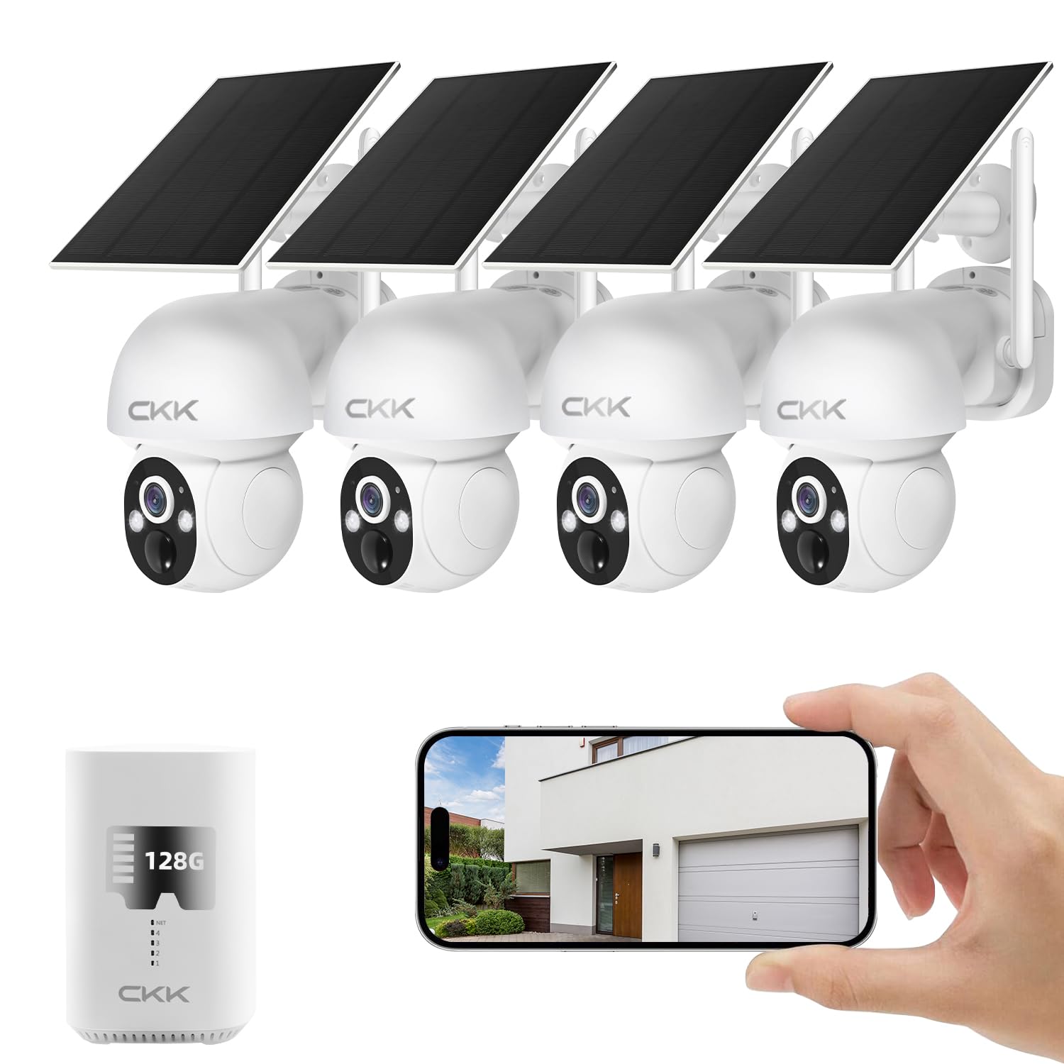 CKK 2.5K Solar Security Cameras Wireless Outdoor,Family Safety System,4 Cameras Kit with Full Color Night Vision,360° View,2.4Ghz WiFi Camera,2-Way Audio,Spotlight,128G Local Storage,No Monthly Fee