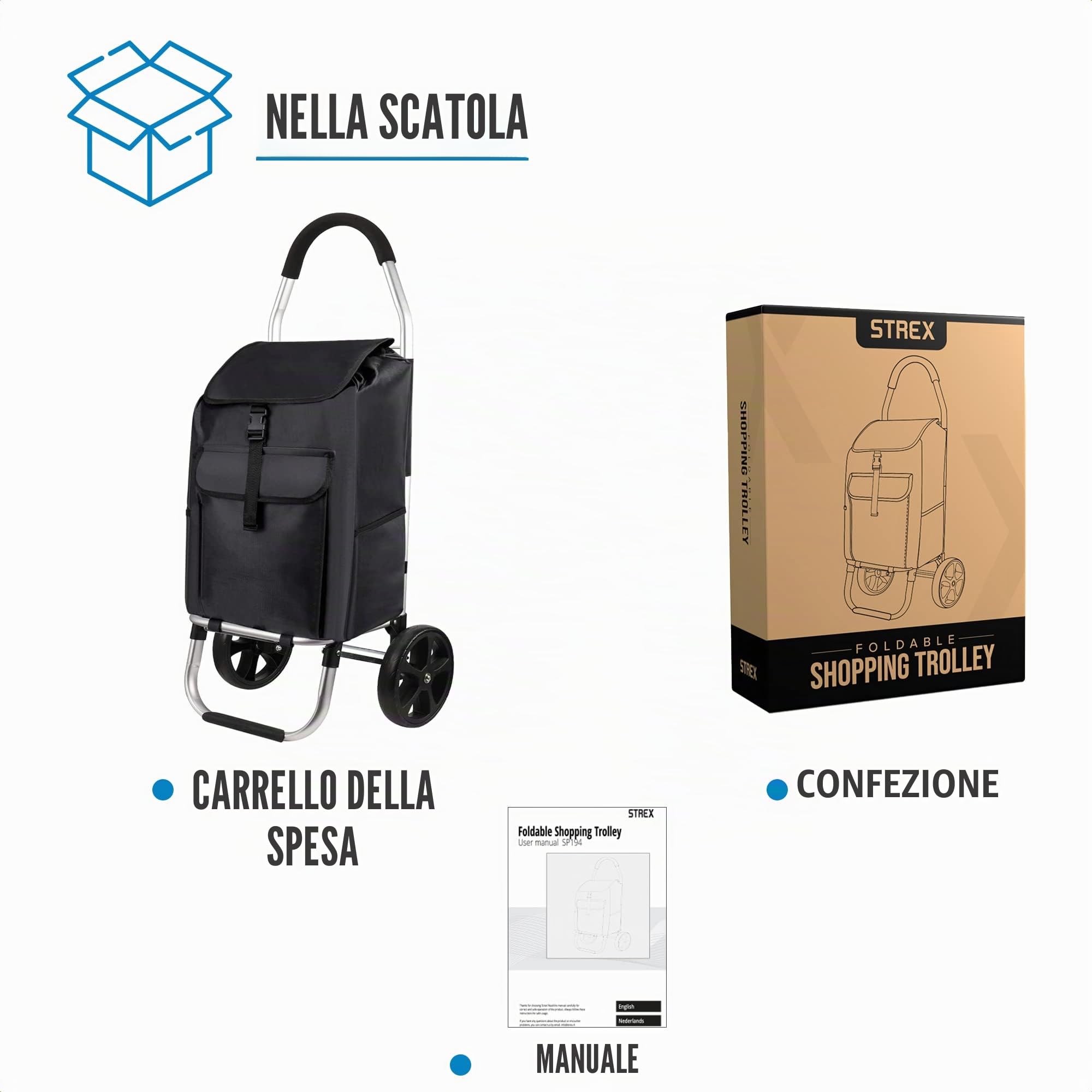 Strex Trolley della spesa con Ruote - Pieghevole - Borsa della spesa rimovibile - Carrello della spesa