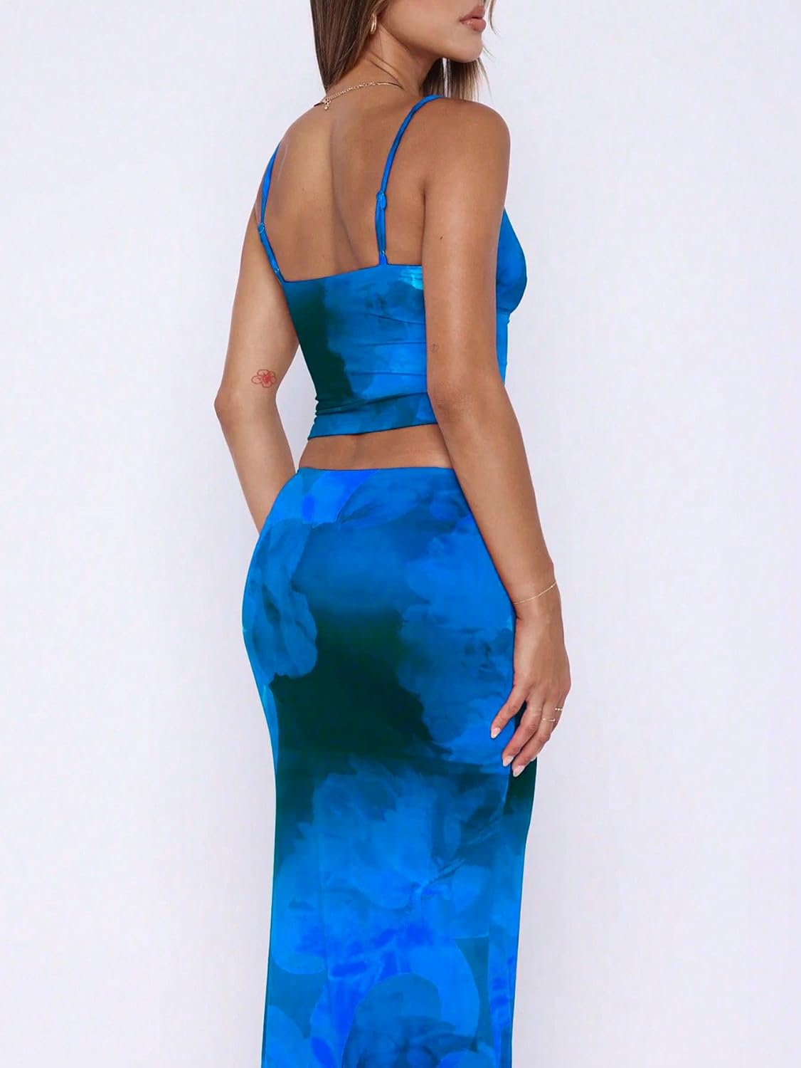 Women's 2 Piece Skirt Sets Summer Outfits Tie Dye Long Maxi Spaghetti Strap Crop Top Floral Print Dresses Blue - Image 4