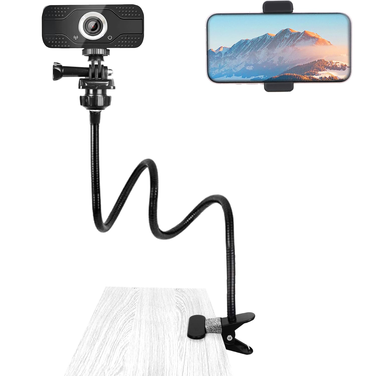 Support pour Webcam, Support Telephone Lit, Support Téléphone avec Col de Cygne Flexible Long Bras Rotation 360° Réglable pour iPhone Samsung Huawei, Webcam