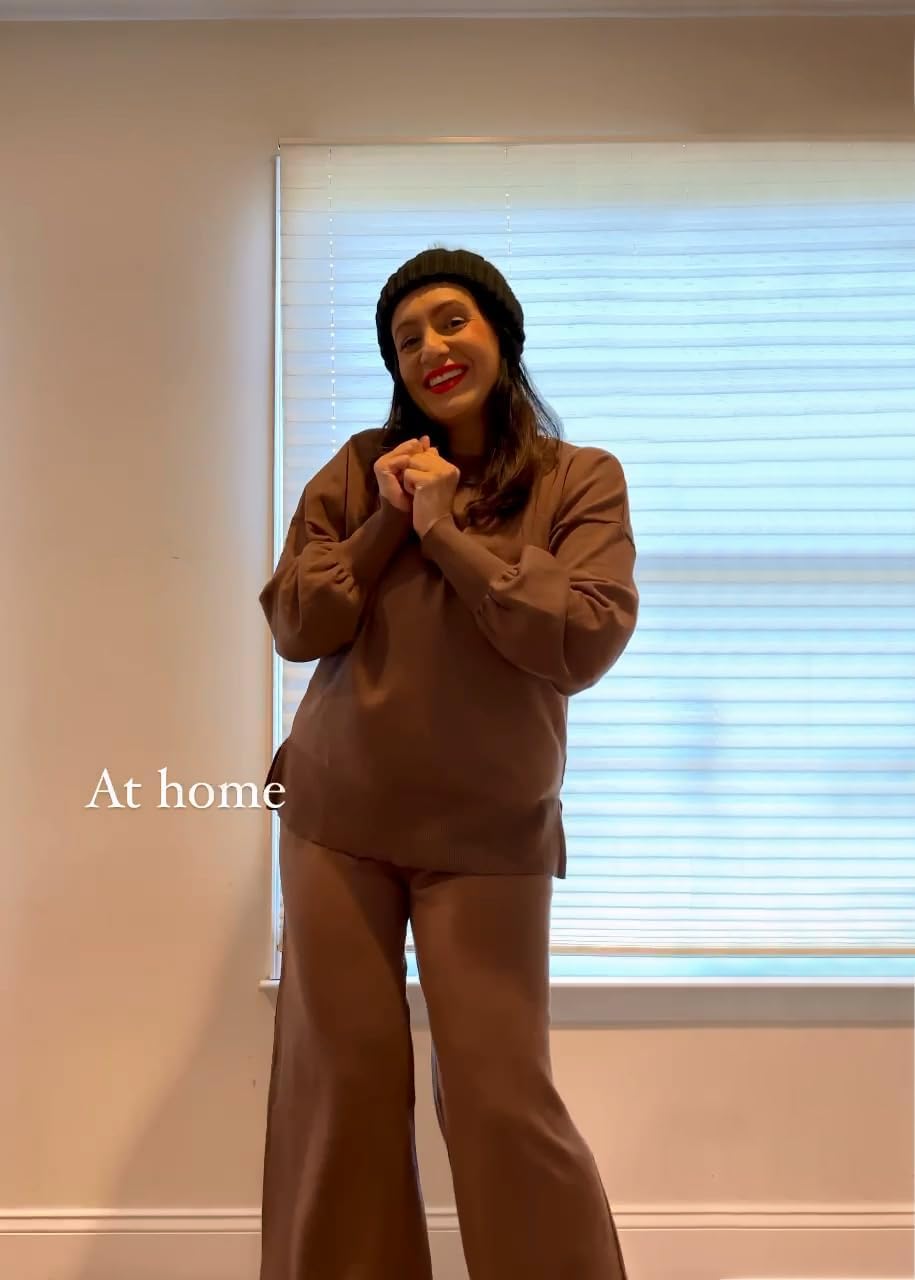 ETCYY NEW Womens Elegant Lounge Sets Knitted Sweatsuit Sets 2 Piece Outfits with Sweater Tops and Wide Leg Sweatpants