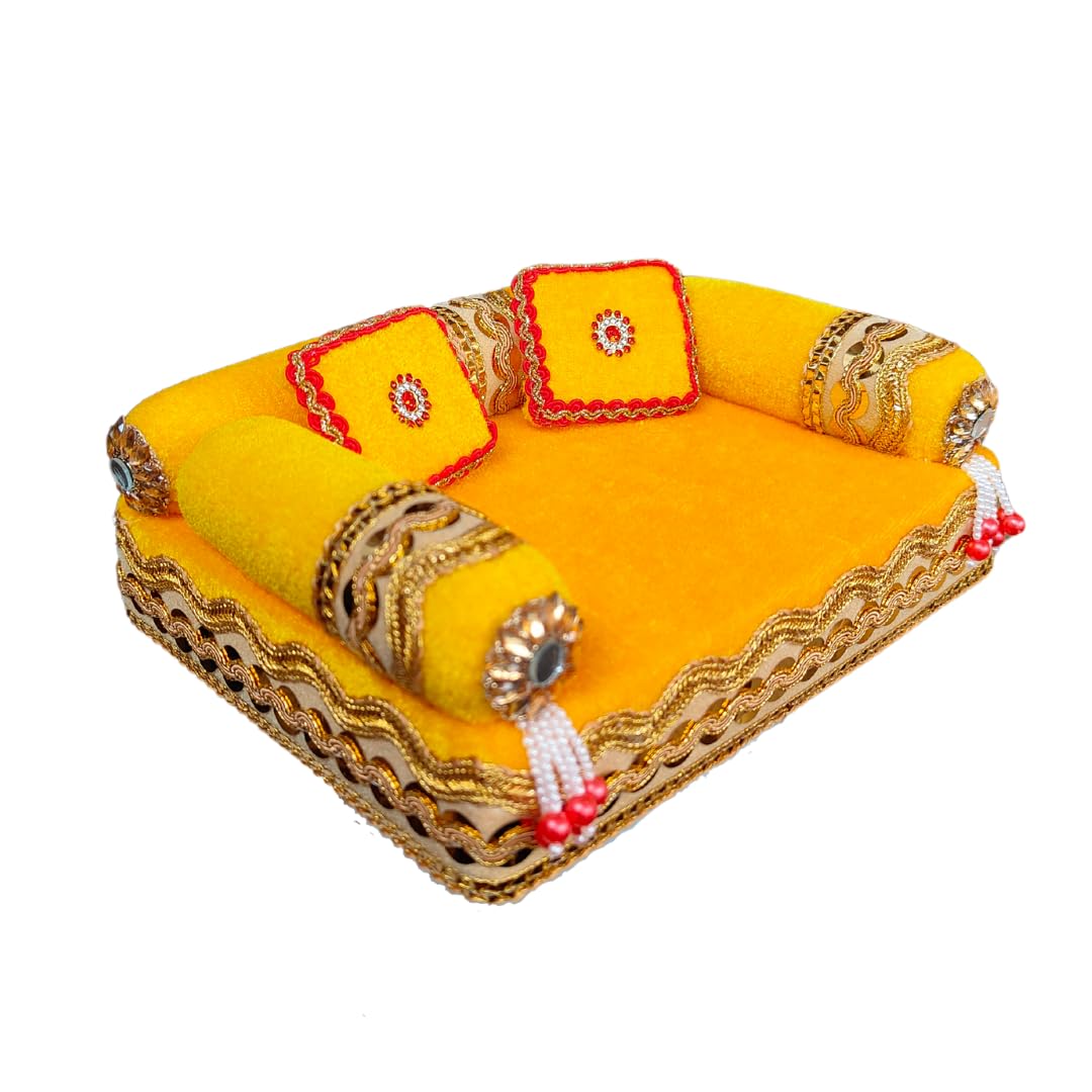 Laddu Gopal Bed And Singhasan (Yellow, Red, Golden) (Wood And Soft Silky Velvet Cloth), Standard