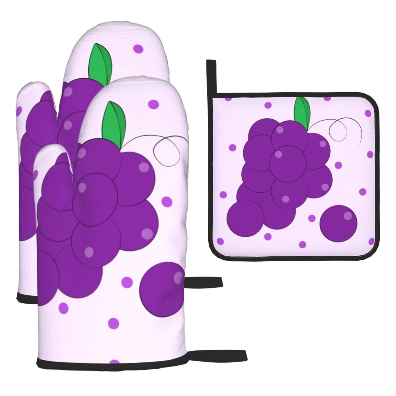 cartoon grapes Oven mittens and oven mitts three-piece set suitable for oven, grilling, baking, microwave and home cooking.