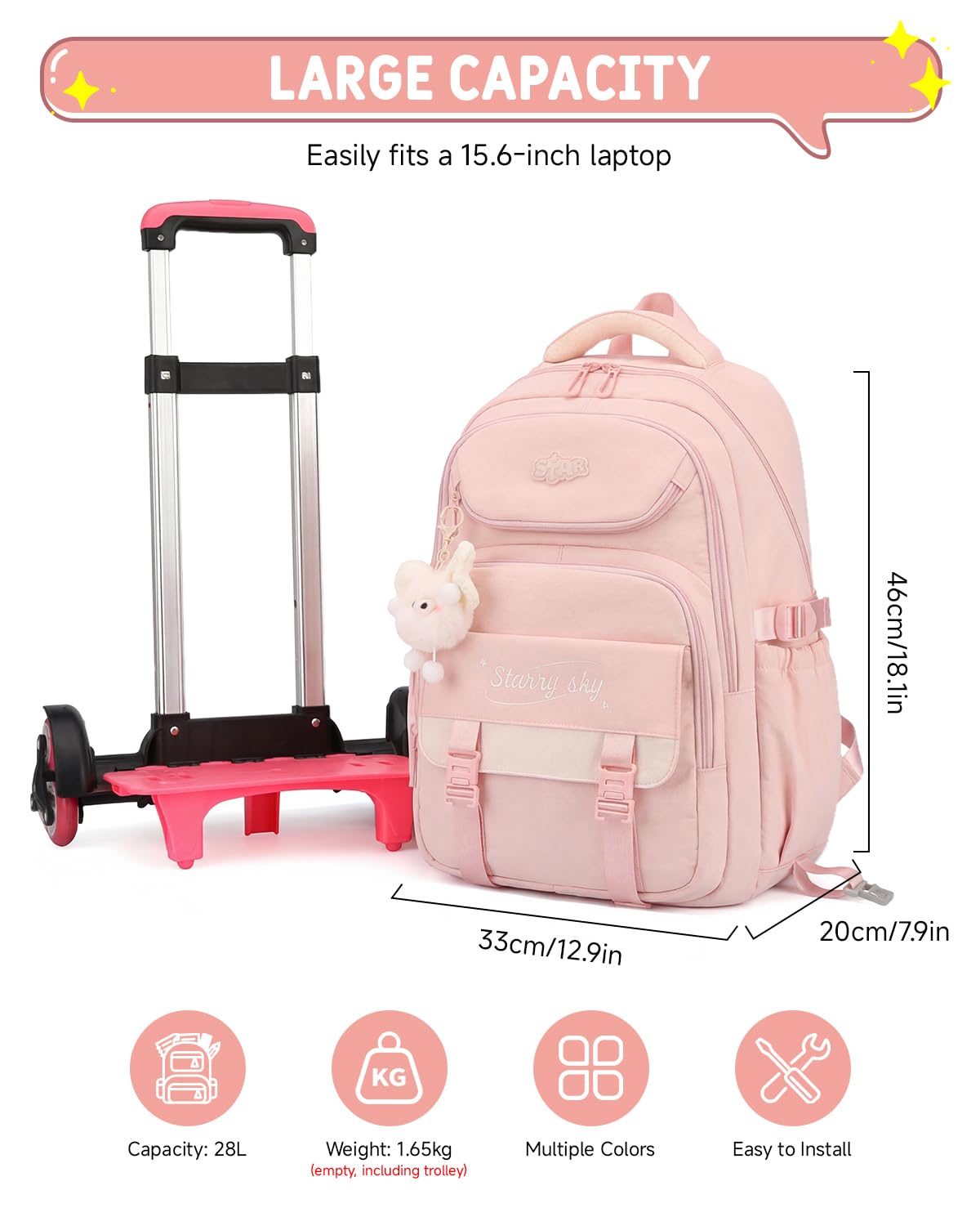 Amythe Cartable a Roulette Fille, 30L Sac à Dos à Roulettes Collège | Sac a Dos Scolaire Primaire Décontracté avec Chariot pour Voyages, 6 Roues, Rose