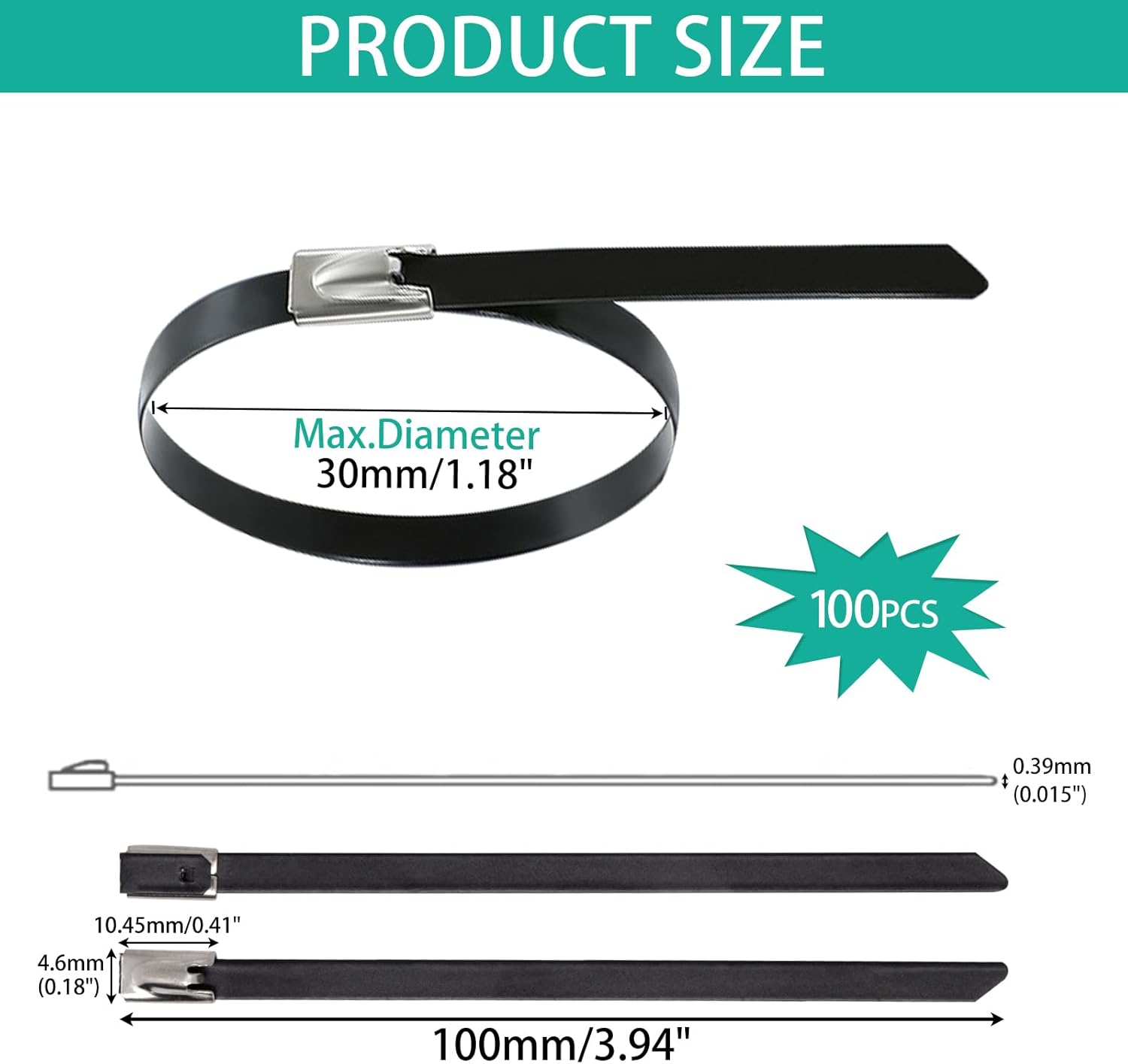 100pcs Metal Zip Ties Heavy Duty Outdoor, 304 Stainless Steel Epoxy Coated Push Mount Zip Ties Black, Self Locking Wire Ties Cable Strap, Chain Link Fence Ties (4inch)