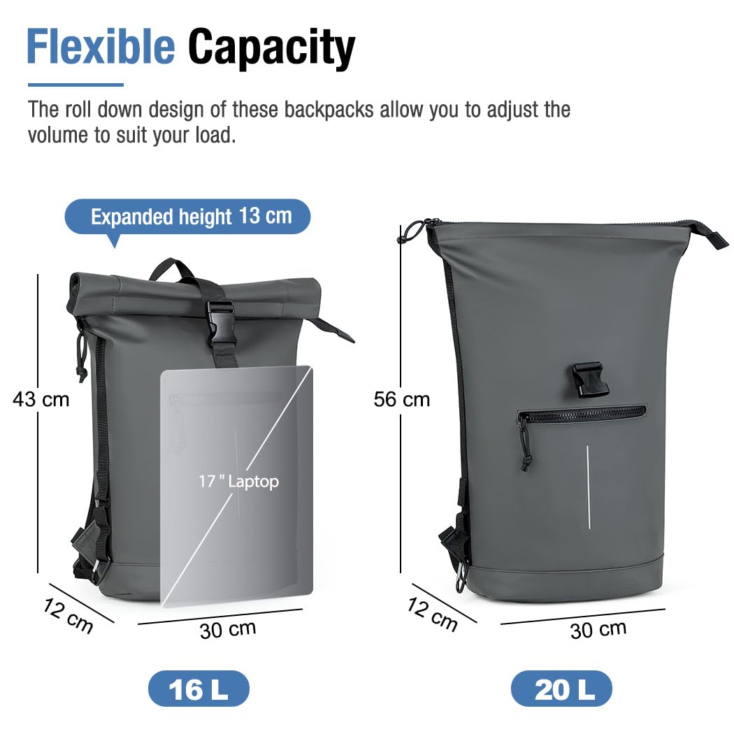 Lekeinchi Zaino Rolltop Uomo Donna Porta PC 17 Pollici | Zaino Impermeabile Uomo Donna - Rains Zaino con Strisce Riflettenti - Zaino da Viaggio Espandibile - Casual Lavoro Università - Grigio