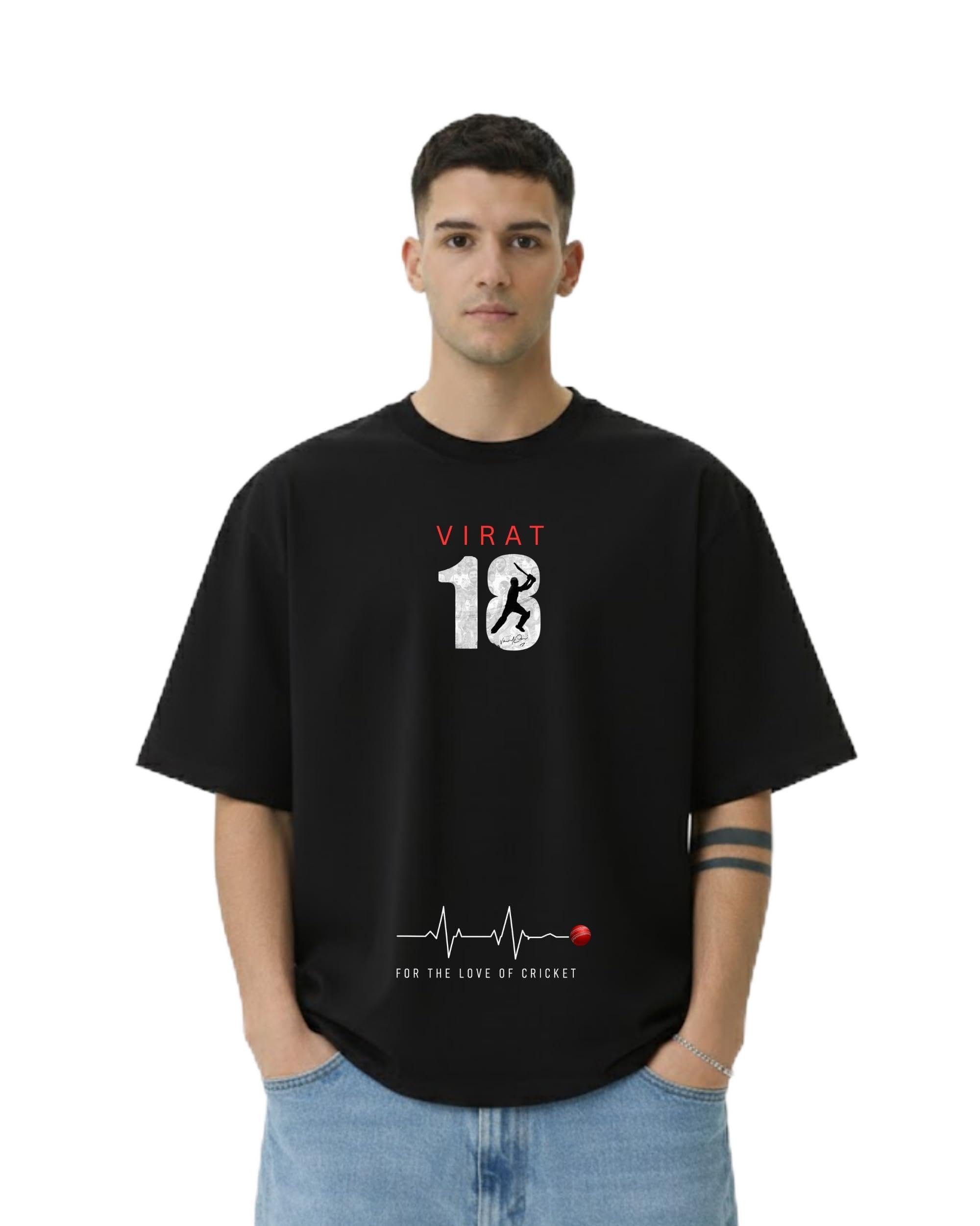 Virat Kohli Oversized T-Shirt for Men & Women, Black, 240 GSM Premium Cotton, Cricket Fan Graphic Tee, Jersey Number 18-image-9