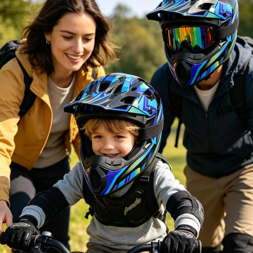 Casco Integrale da Motocross Omologato DOT - Kit Completo Casco ATV per Adulti E Bambini con Occhiali, Guanti, Maschera, Visiera Regolabile, Sgancio Rapido