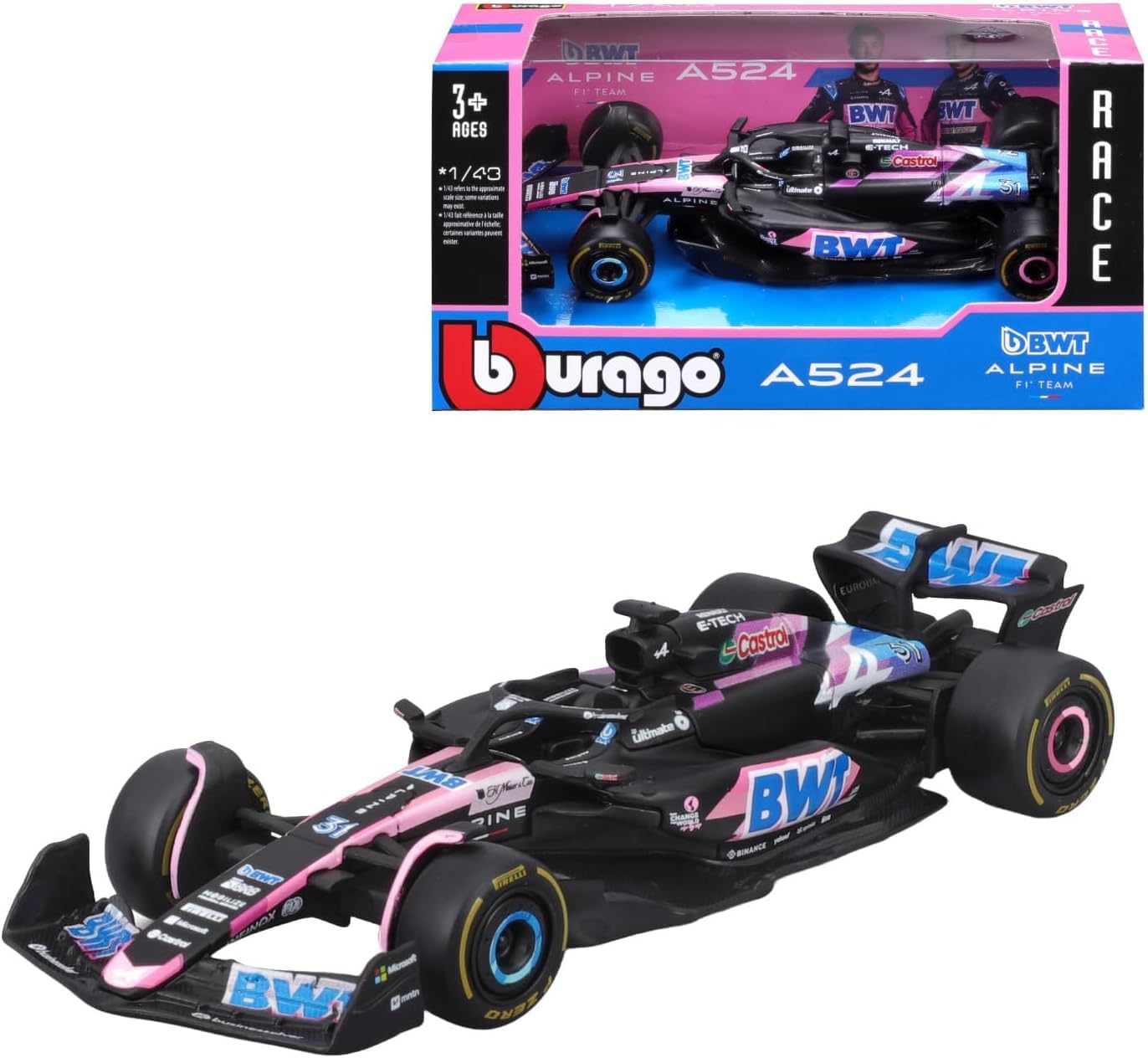 OPO 10 - Formula 1 car compatible with Esteban Ocon Alpine A524#31 2024 1/43 scale Bburago 38219, Multicolor