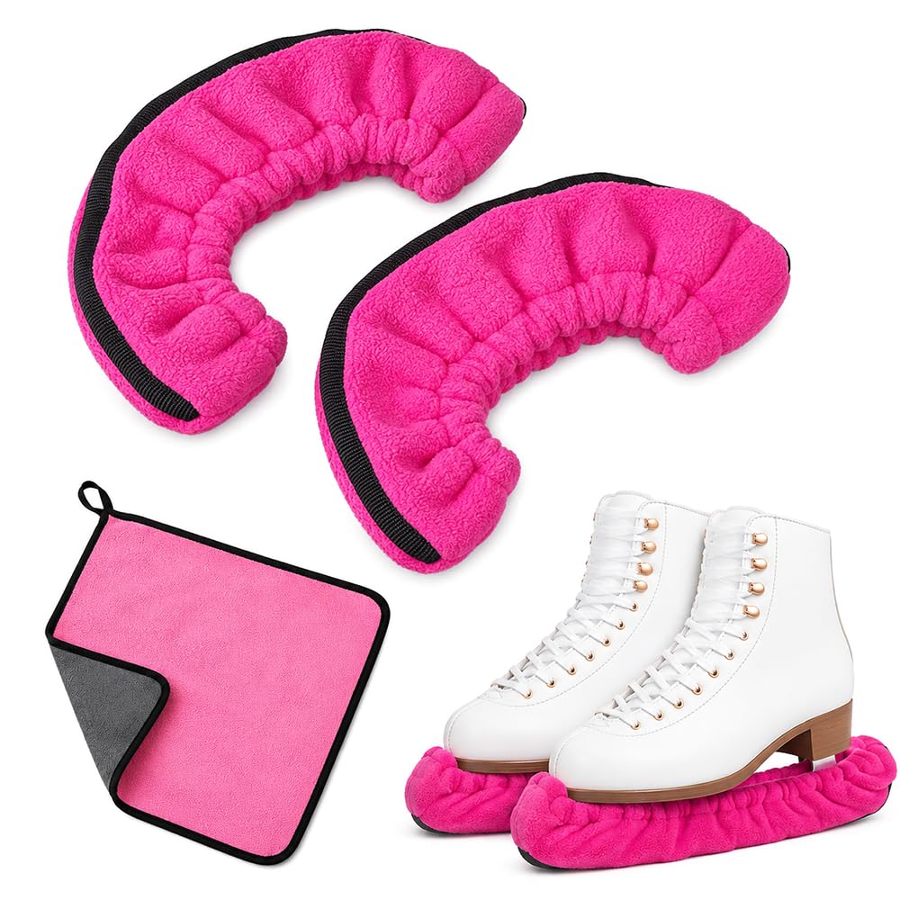 1 Pair Ice Skate Blade Covers with 2 Towels,Soft Soakers Guards (Rose Red)