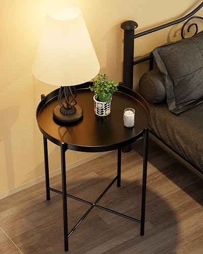 Miniatura 18 de EKNITEY Mesa auxiliar, mesa auxiliar plegable de metal impermeable, pequeña mesa auxiliar con bandeja extraíble para sala de estar, dormitorio,