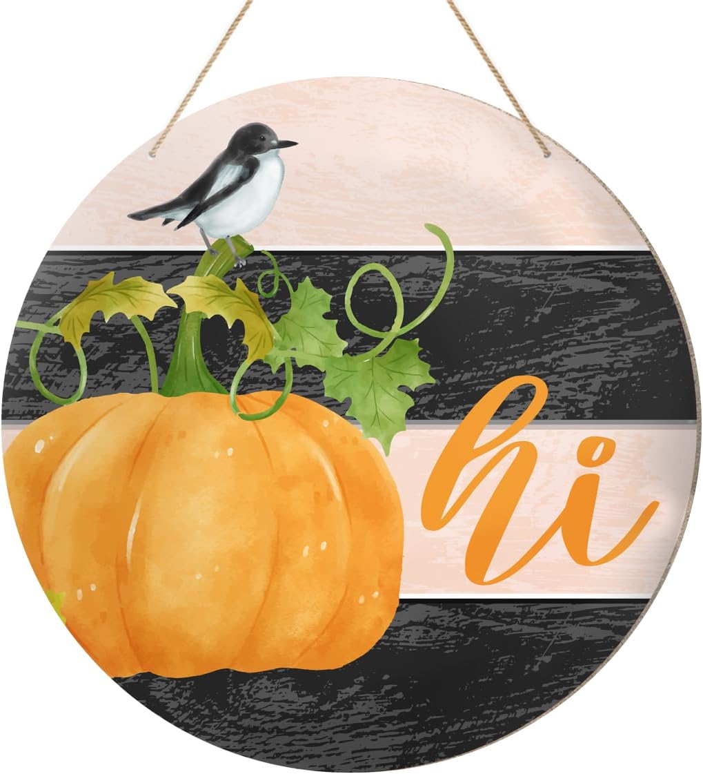 Hello Fall Decor Wooden Hanging Sign Pumpkin Hi Front Door Sign Autumn Thanksgiving Welcome Decor for Harvest Indoor Outdoor Home Porch Wall Decoration 10.2 x 10.2 Inches
