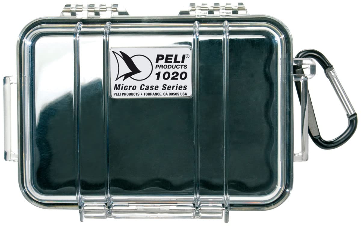 PELI 1020 petit boîtier étanche IP67 pour les sports nautiques et de plein air, capacité de 0,5L, fabriqué aux États-Unis, doublure transparente/noire