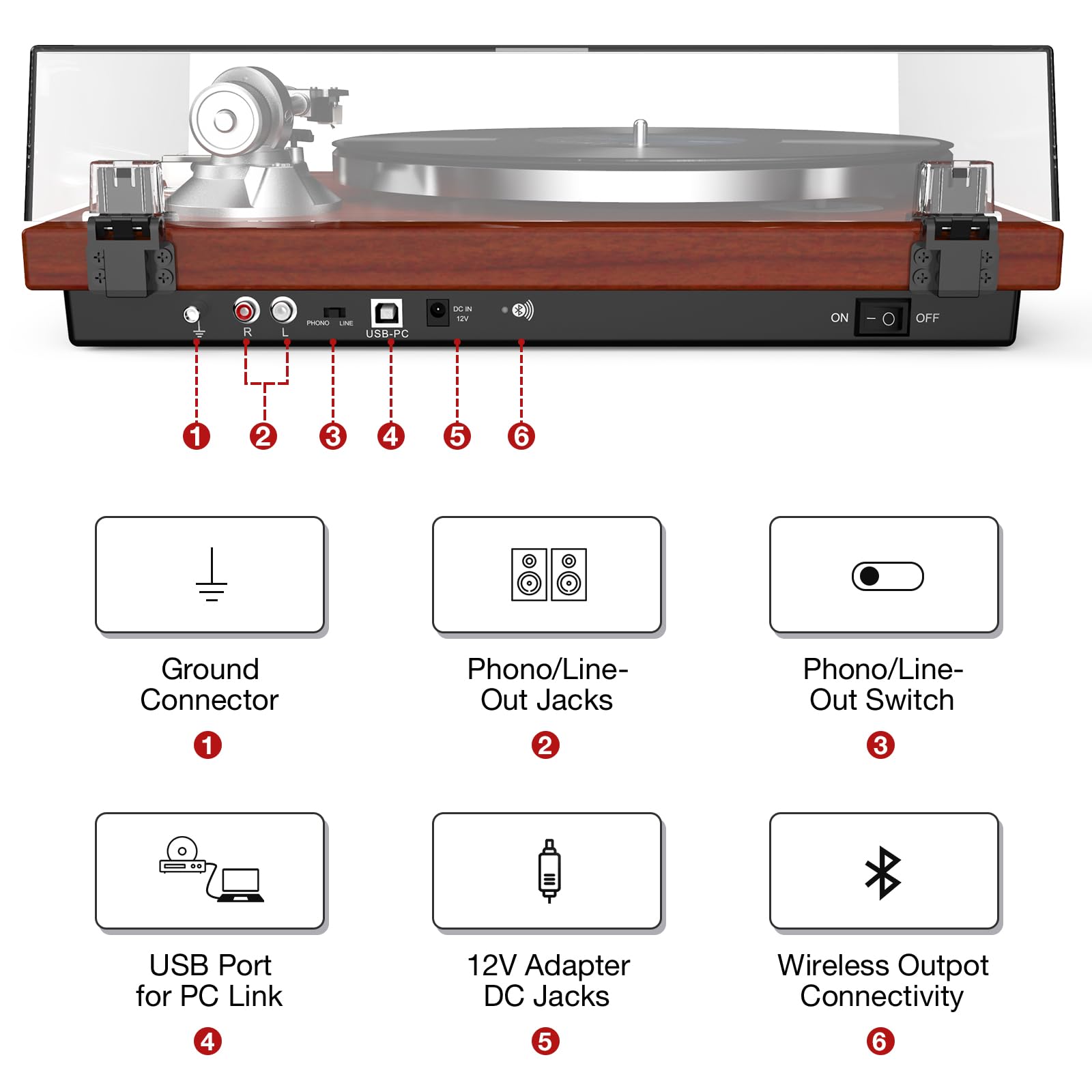 Giradischi Vinili Trasmissione a Cinghia con Connettività di Uscita Wireless, Lettore con Contrappeso Regolabile e Cartuccia Magnetica e 2 Velocità 33/45 RPM, Conversione USB, Linea Fono