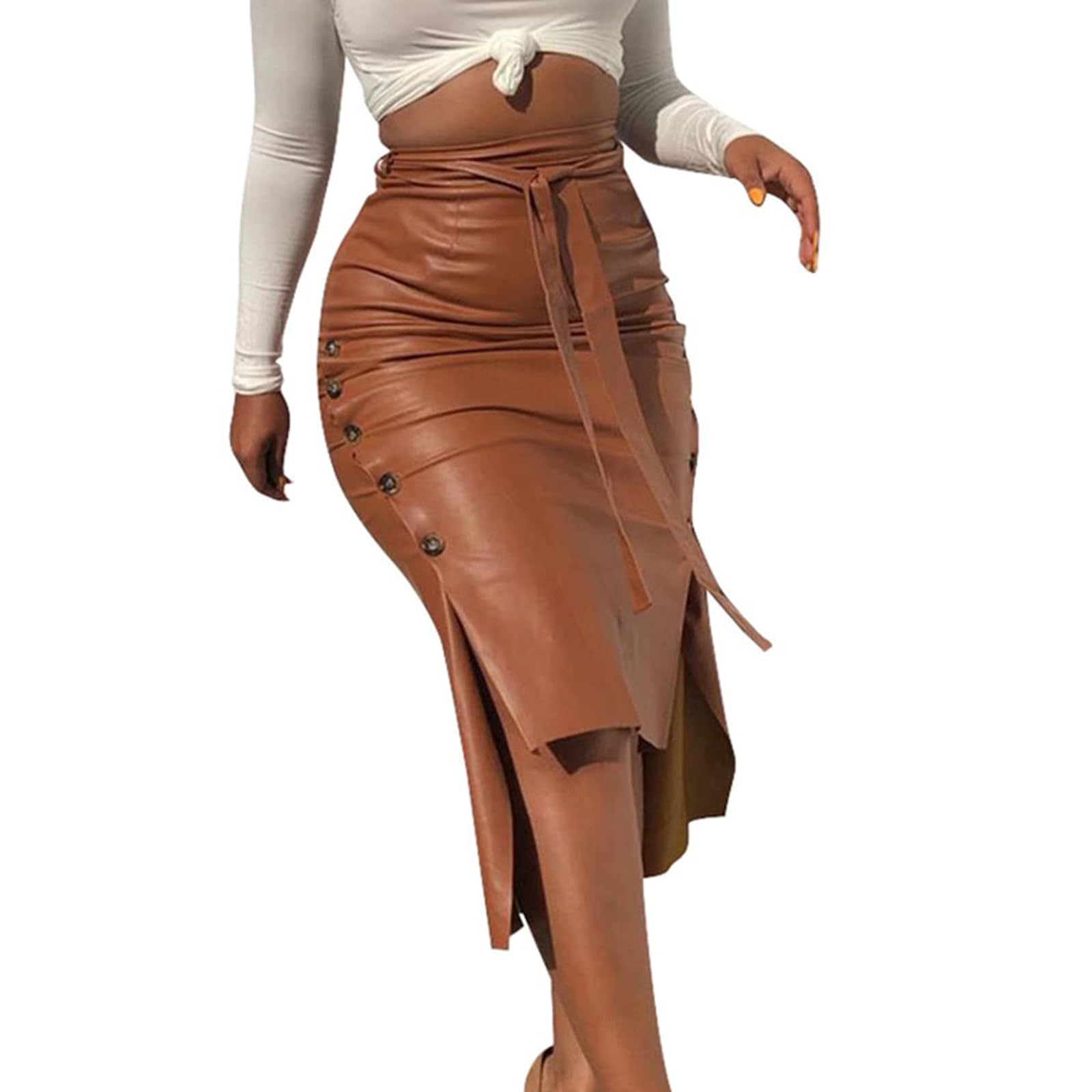 Womens Faux Leather Pencil Skirt High Waisted Side Slit Midi Skirt with Belt Work Club