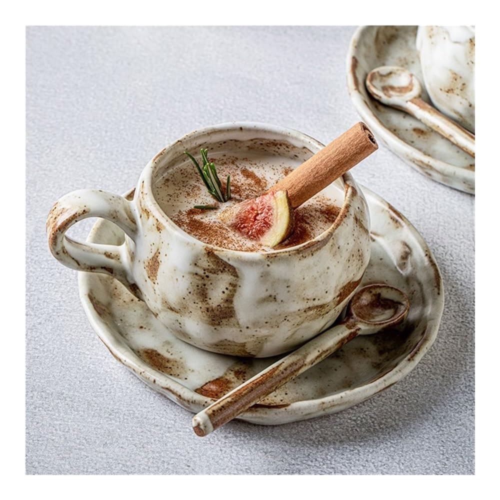 Kubki Ręcznie robiony, surowy ceramiczny kubek do kawy, filiżanka latte, spodek, łyżeczka, zestaw do Latte, Gorącej Herbaty, Mleka