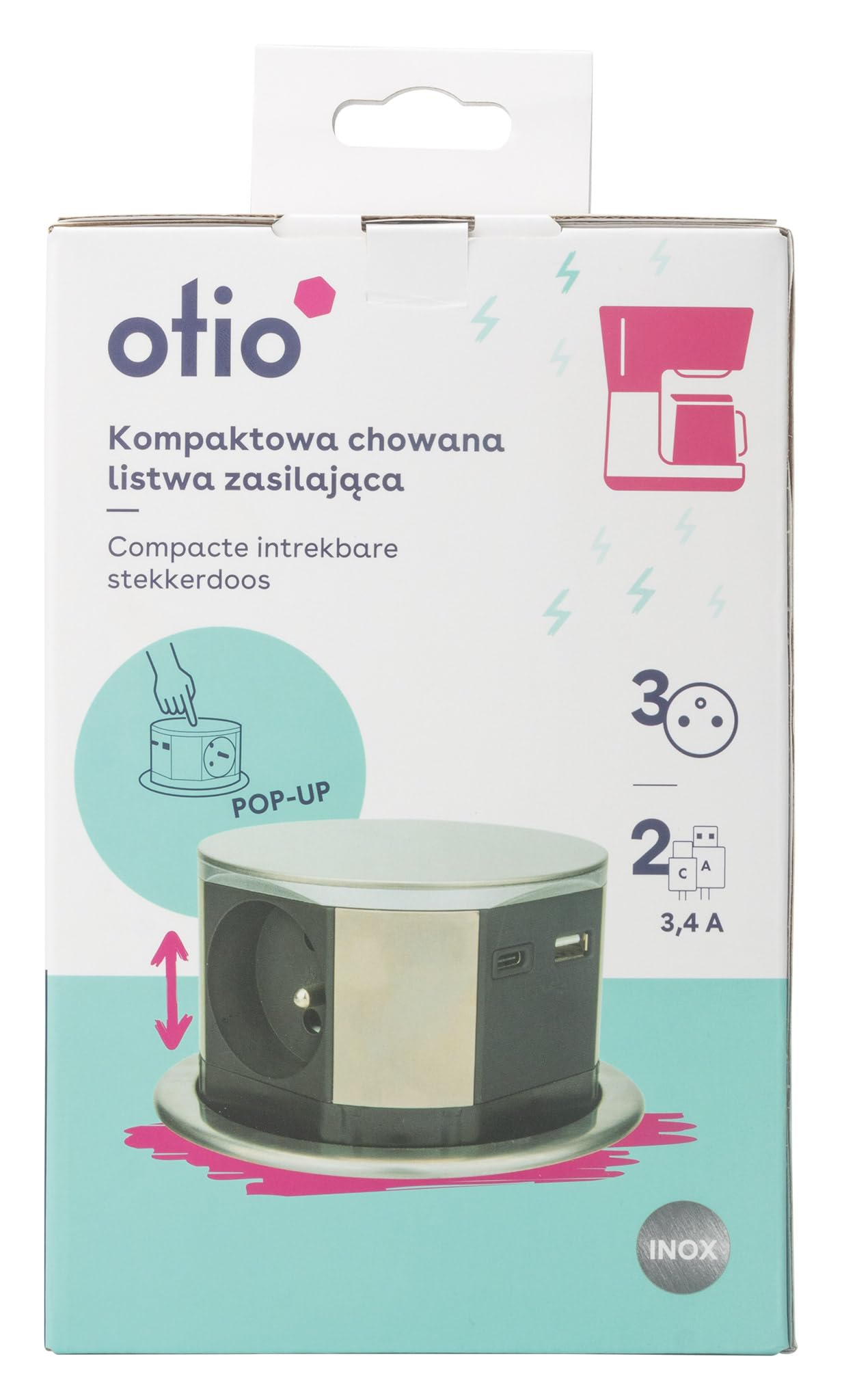Otio - Bloc multiprise encastrable 3 Prises 16A 2P+T et 2 USB - Alu