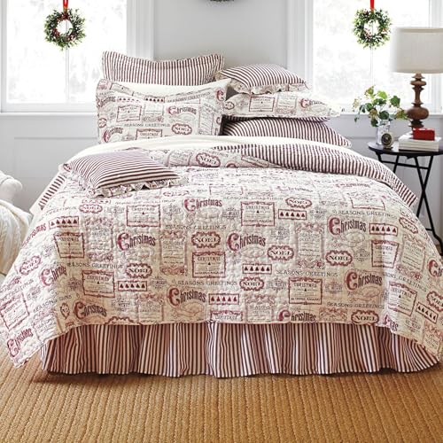 BrylaneHome Vintage Christmas 4 Piece Quilt Set - Full/Queen, Ivory Red