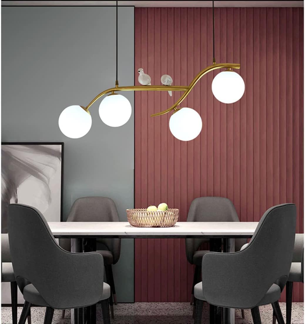 Lampadario a 4 luci in Vetro opalino Dorato Stile Mid-Century Modern per Tavolo da Pranzo, Stile Rustico, Nero, a Sospensione lineare Lunga, con Uccelli nordici, Lampada da soffitt
