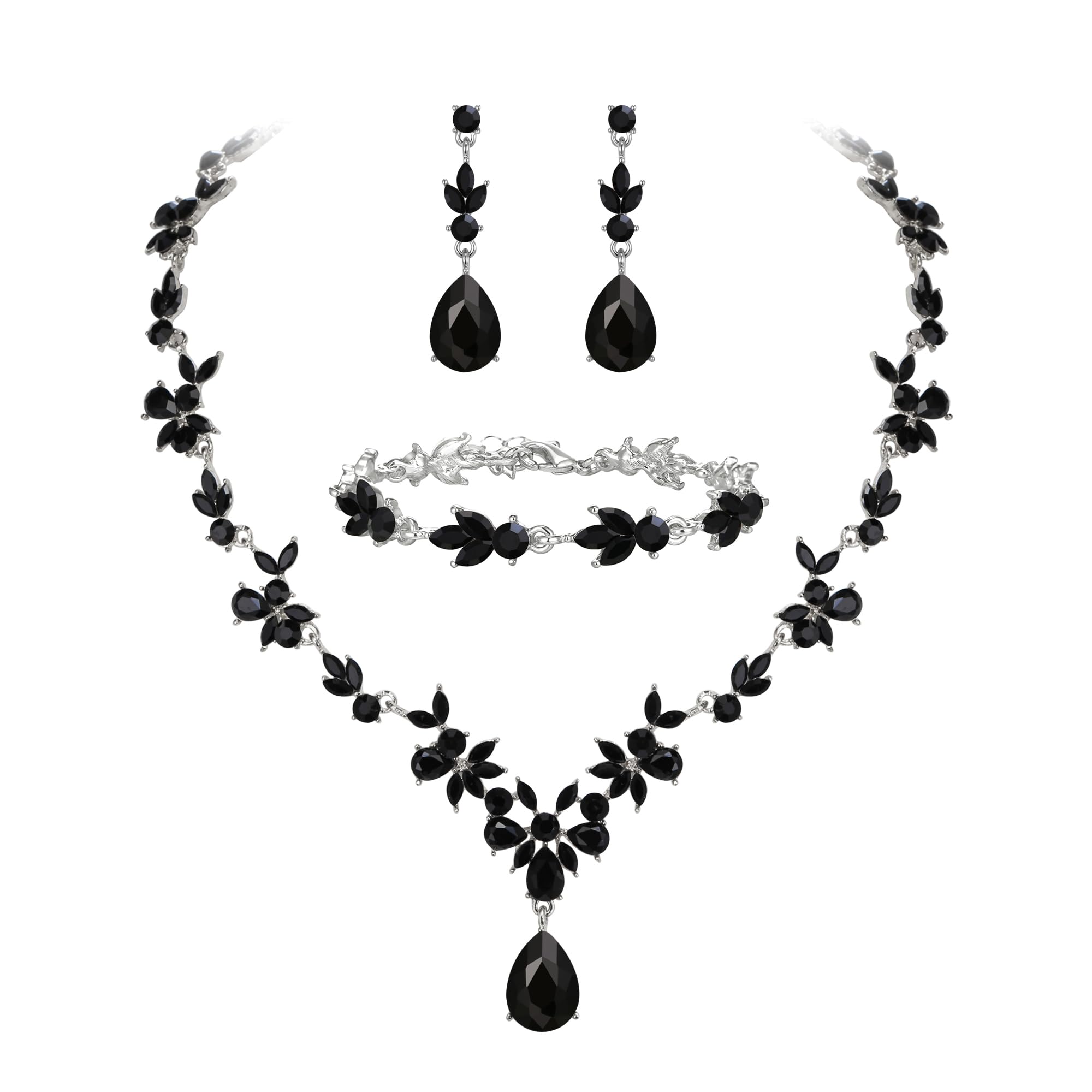 Set di gioielli da sposa per donna, collana a Y, bracciale da tennis e orecchini pendenti, set di cristalli a goccia, marquise cluster gioielli per sposa damigella d'onore blu argento