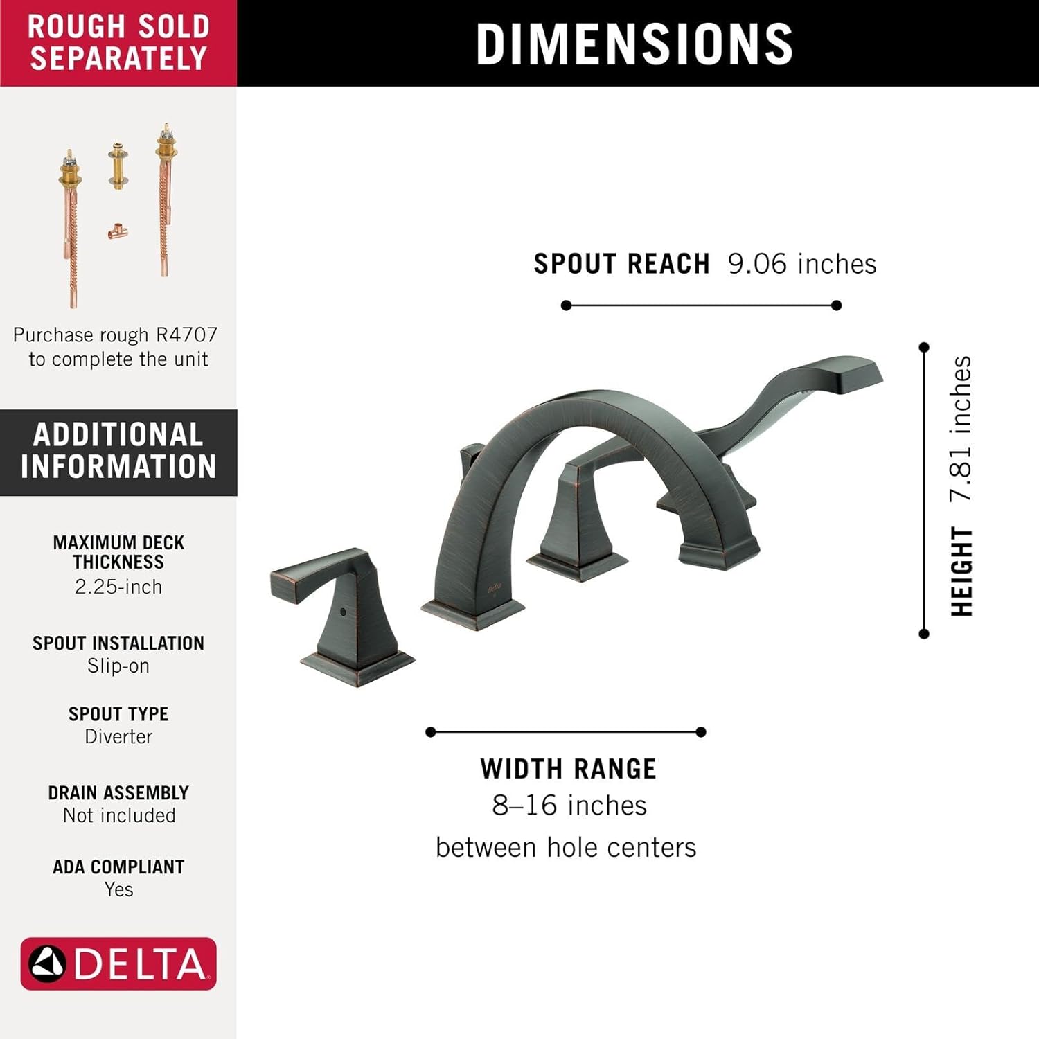 Delta Faucet Dryden Roman Tub Faucet with Hand Shower - T4751-RB - Bath Faucet, Handles & Hand Shower Set - Venetian Bronze (Valve Sold Separately)