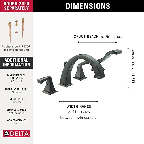 Miniatura 3 de Delta Faucet Dryden T4751-RB - Grifo de bañera romana con ducha de mano, juego de grifo de baño, manijas y ducha de mano, bronce veneciano