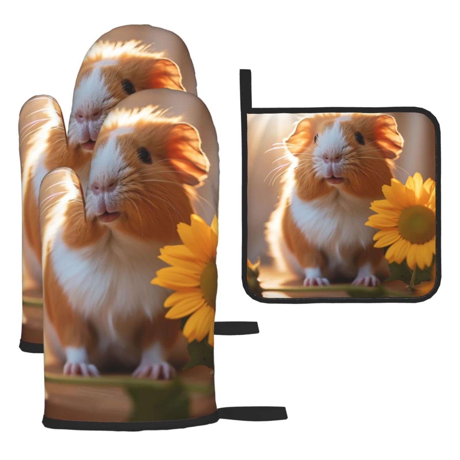 Oven Mitts and Pot Holders Sets of 3 Kitchen Oven Glove Hot Pad Sunlight on Guinea Pig Oven Mitts Heat Resistant Potholders Washable Long Oven Mitts for Cooking Grilling Baking