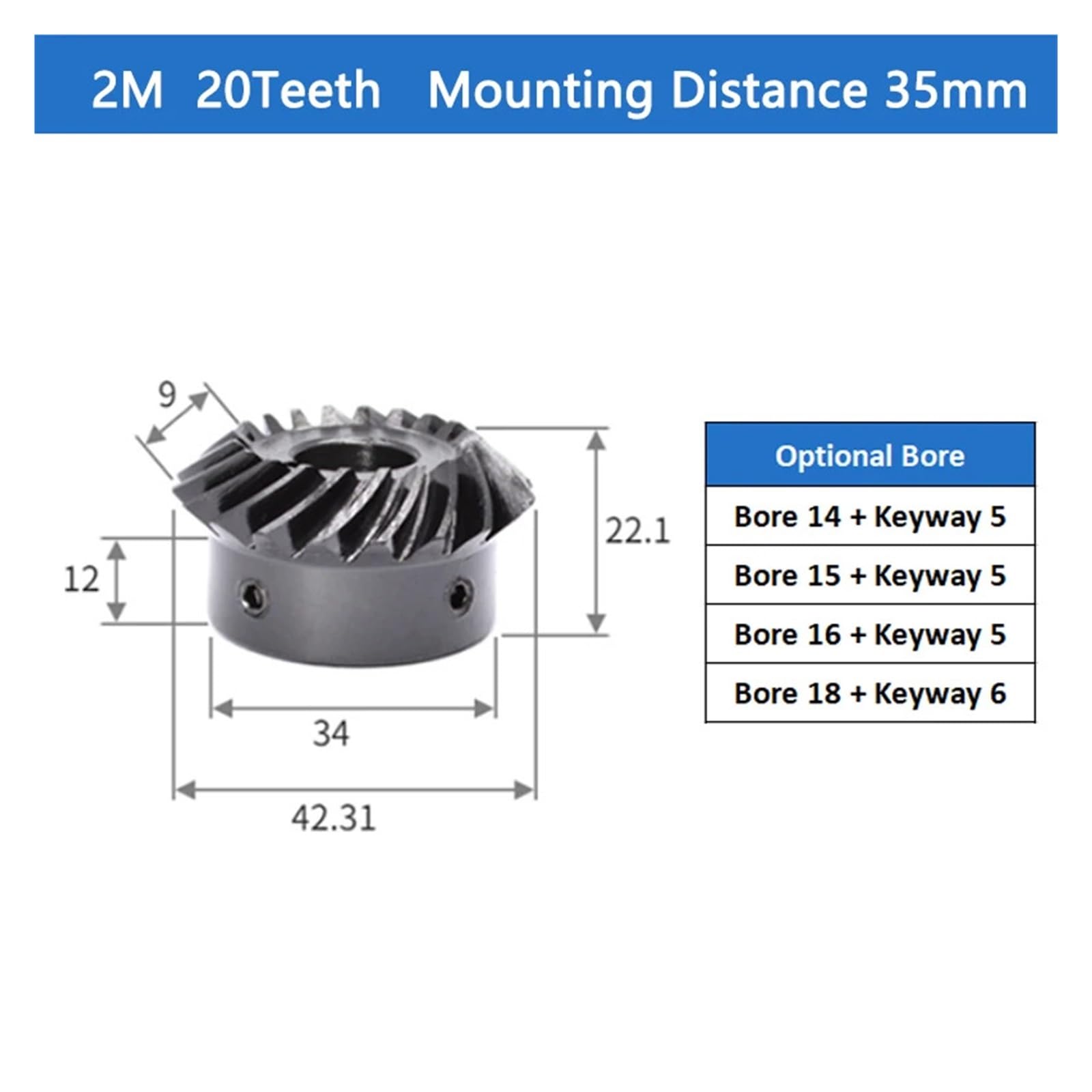 Bevel Gear Pinion Hardware Mechanical 1:1 Spiral Bevel Gear Set 2M 20 Teeth Keyway Bore 14/15/16/18mm 45# Steel Left-Hand and Right-Hand Helical Gear(18mm (Keyway 6))