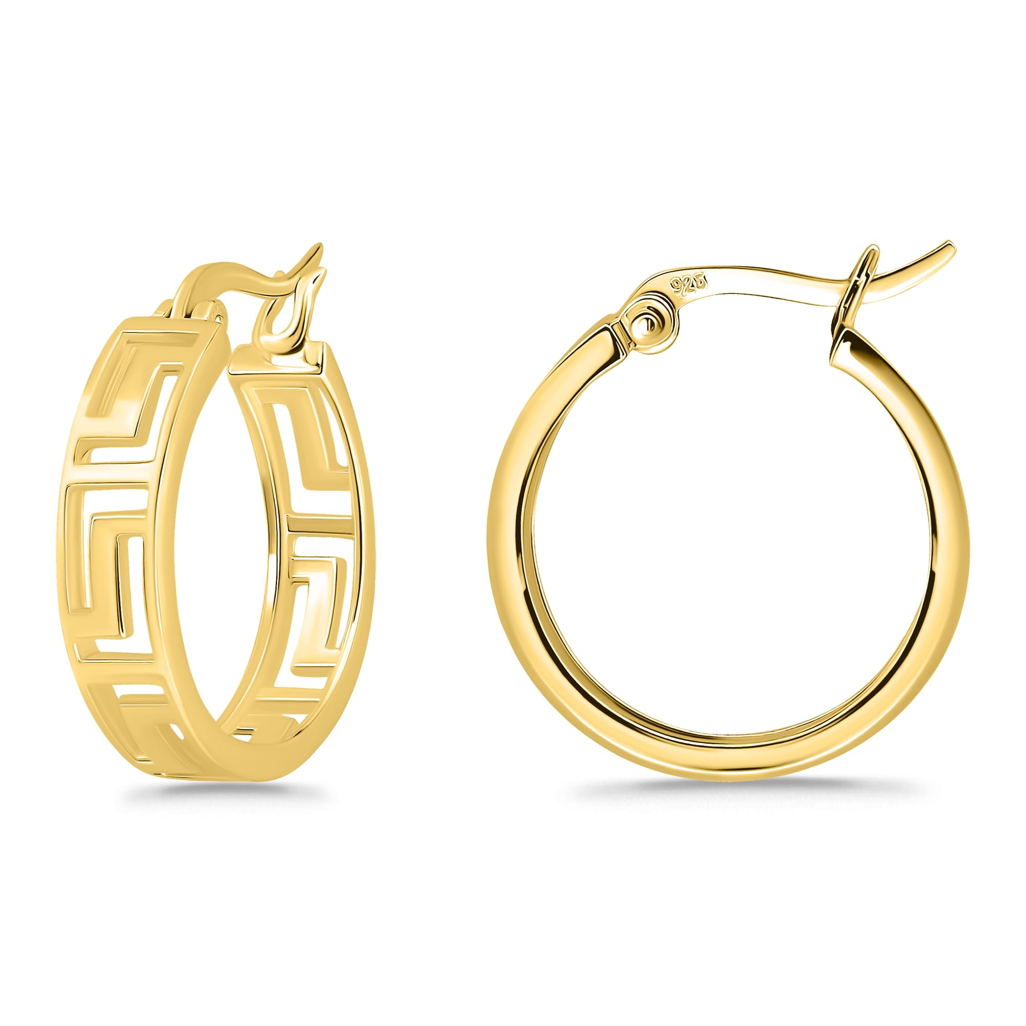 Hoops & Loops 925 Sterling Silver Greek Key Round Click-Top Hoop Earrings for Women, 15mm, 20mm | Silver, Yellow Gold, Rose Gold