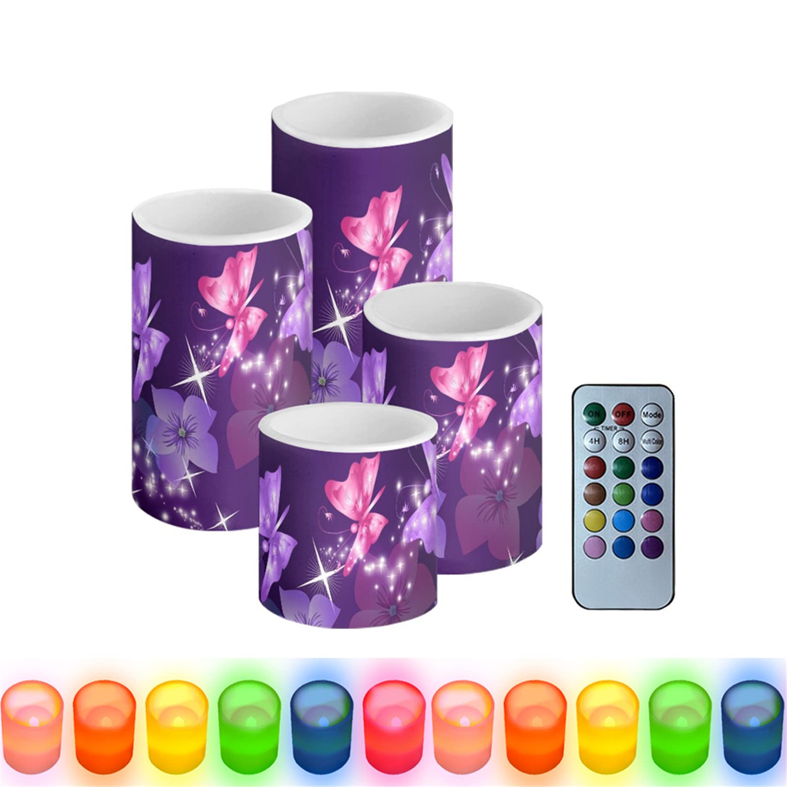 HUGS IDEA Purple Butterfly LED Candles,Flameless Candles 3" 4" 5" 6" Battery Candle Pillars,Remote Control with 4 8 Hour Timer Function [Rainbow - Remote Control] — image 1