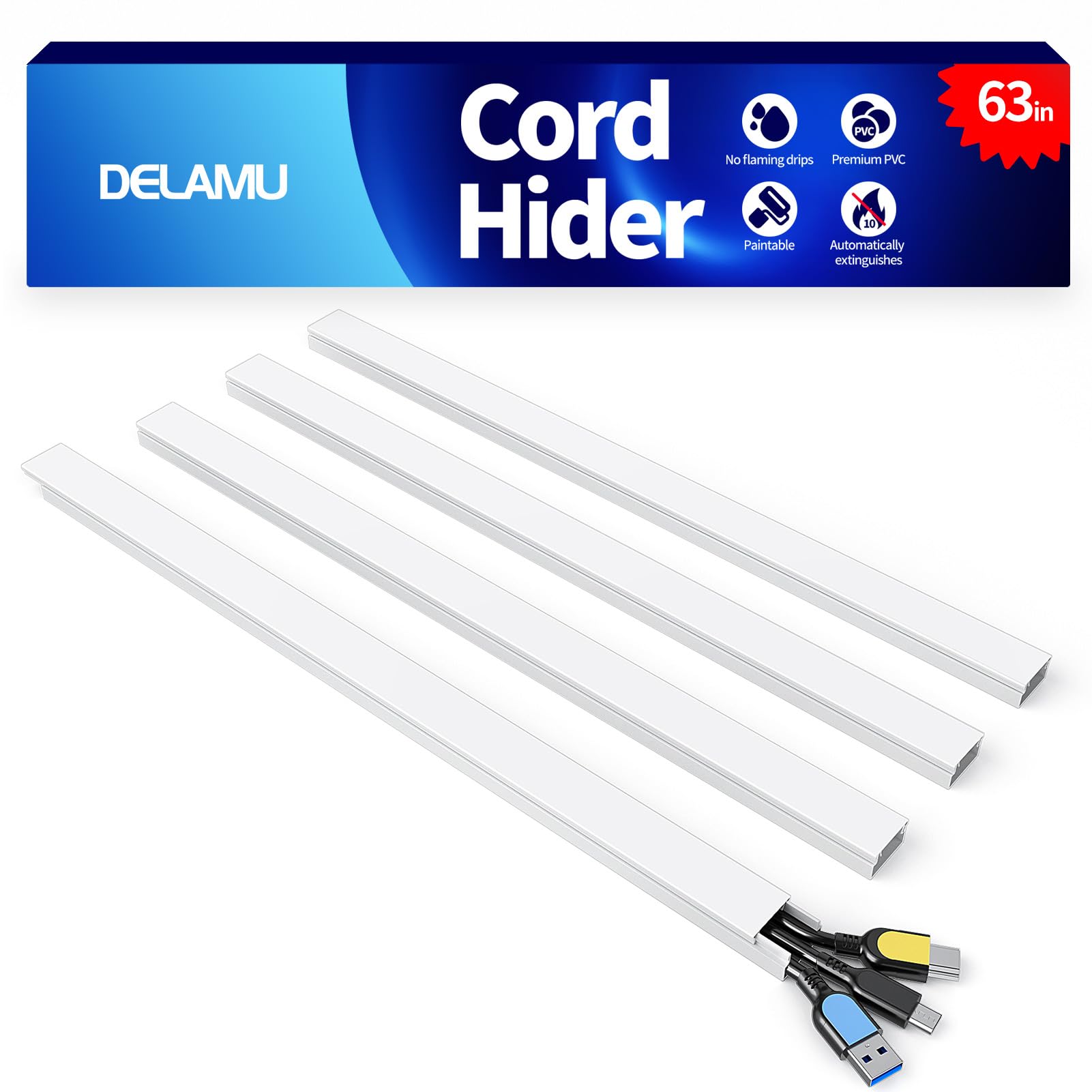 Delamu Cord Hider Wall, 63in Cord Covers for 2-3 Wires on Wall, Premium Cable Hi