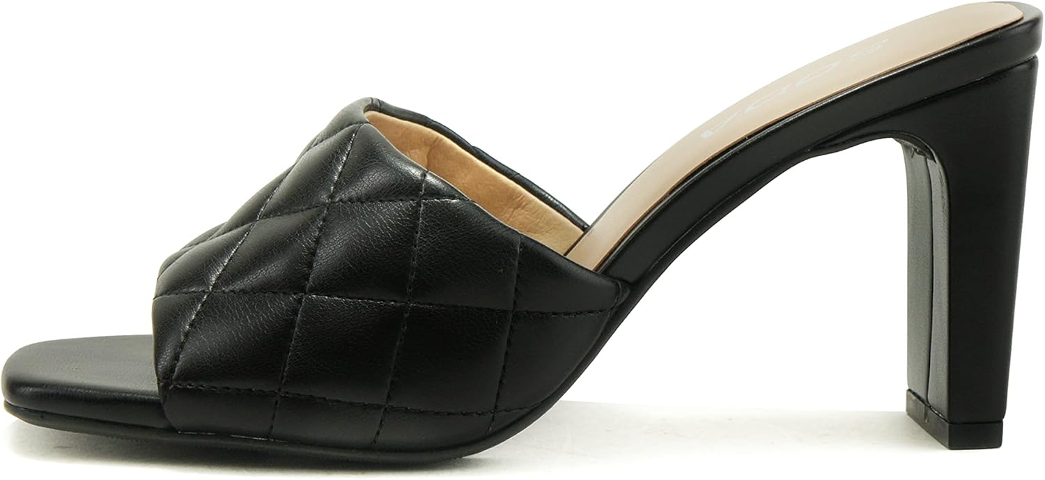 Soda JITTER ~ Women Slip On Flat Heel Squared Toe Diamond Quilted Fashion Sandal (Black, numeric_10)